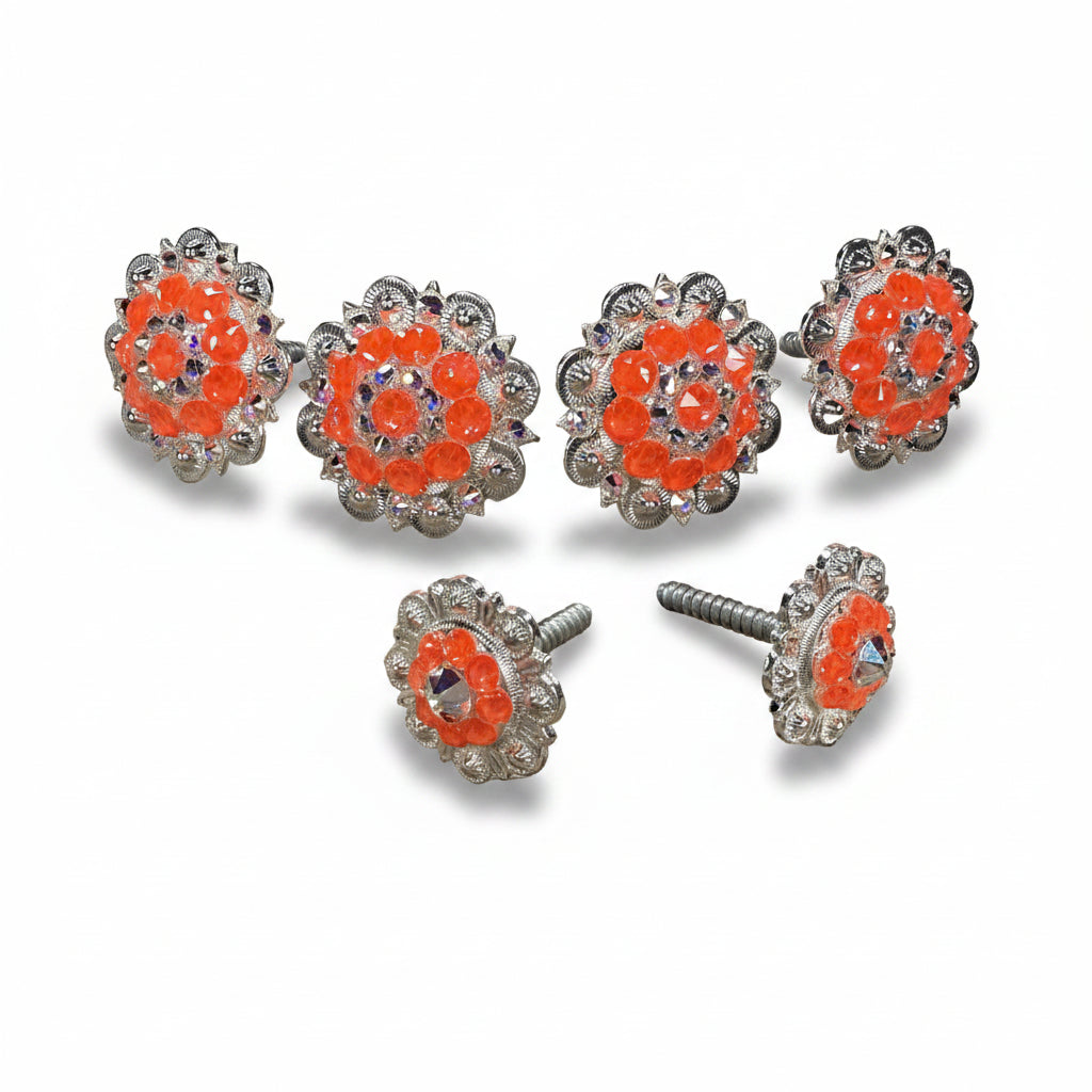 Bright Silver Neon Orange - AB Crystal Conchos | Sizes 1"- 3" | Buckles | Saddle Set | Leather Rosettes | Slide