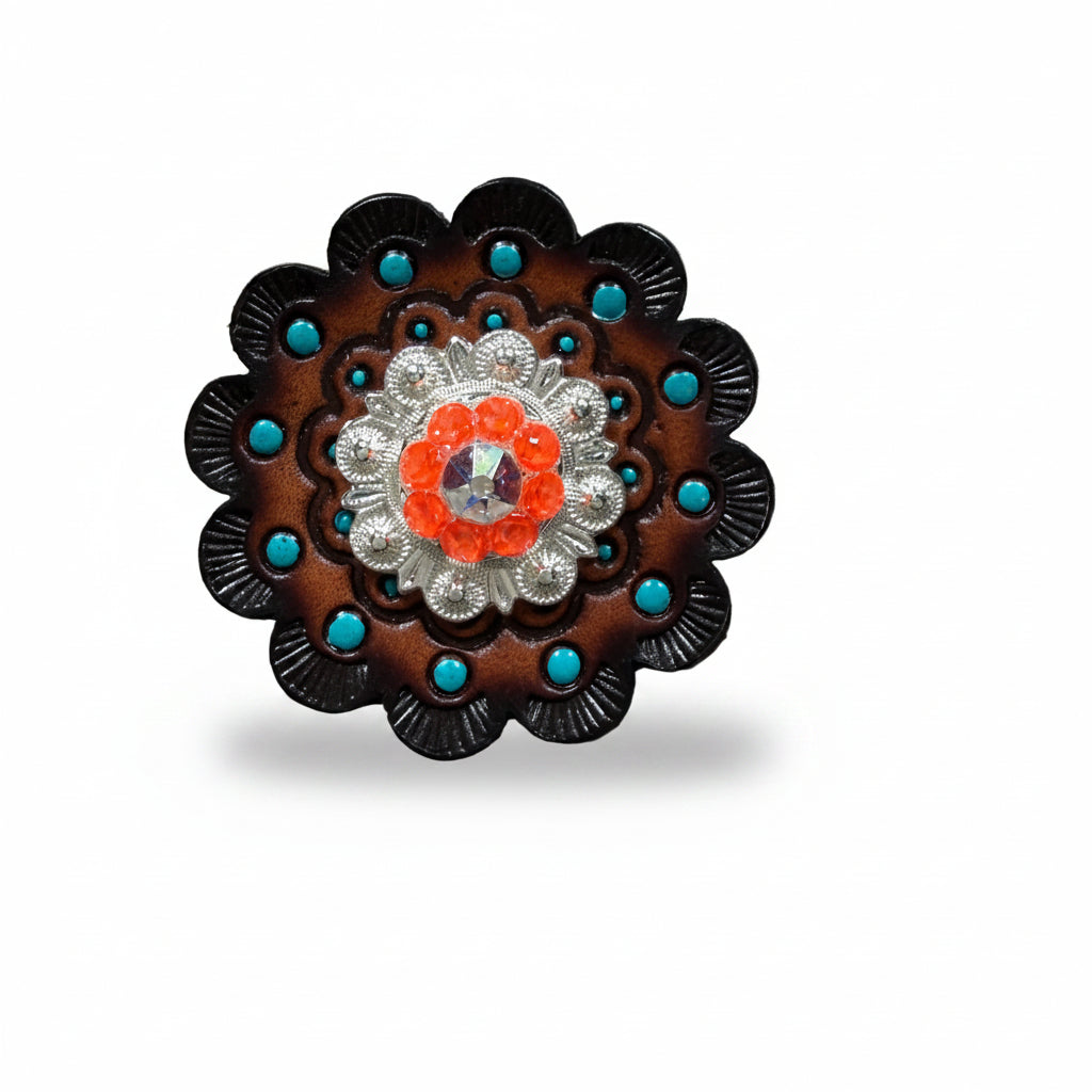 Bright Silver Neon Orange - AB Crystal Conchos | Sizes 1"- 3" | Buckles | Saddle Set | Leather Rosettes | Slide