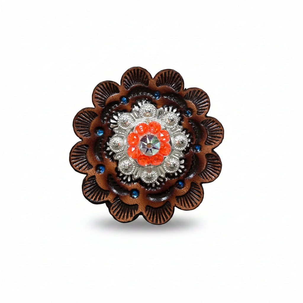 Bright Silver Neon Orange - AB Crystal Conchos | Sizes 1"- 3" | Buckles | Saddle Set | Leather Rosettes | Slide
