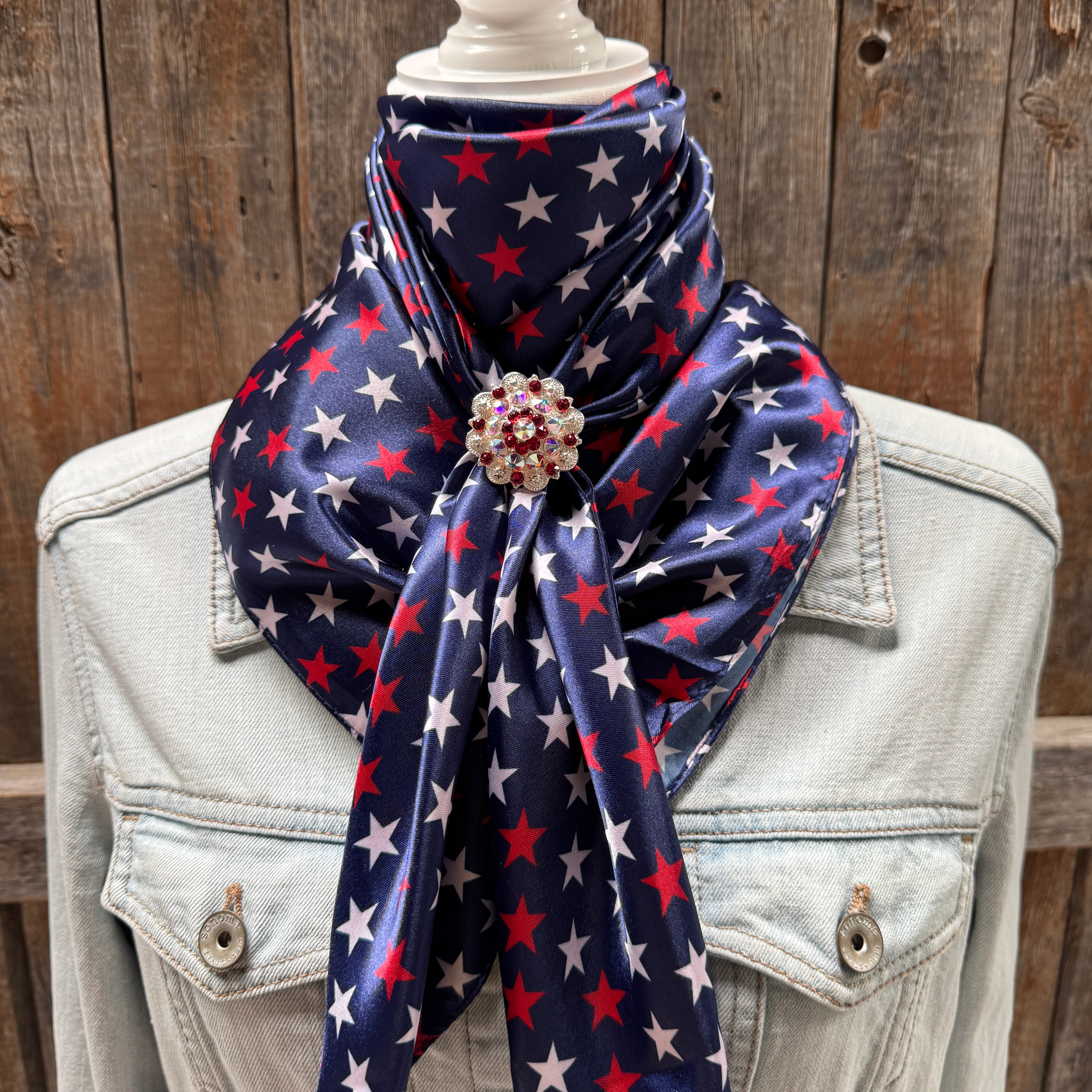 35X35" Red, White & Blue USA Star Wild Rag | Scarf  - Bright Silver Ruby/AB Slide WRC3463F