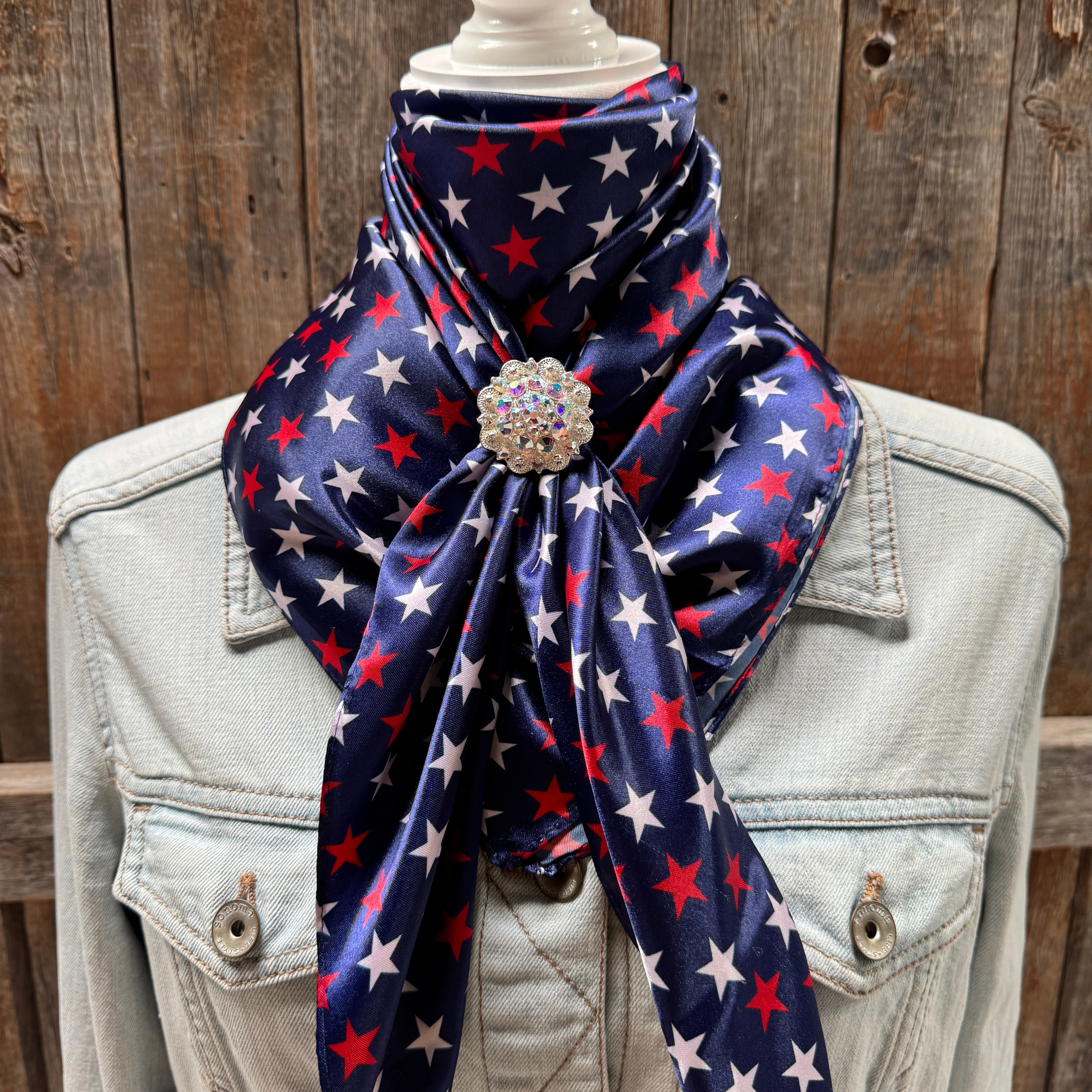 35X35" Red, White & Blue USA Star Wild Rag | Scarf - Bright Silver AB Slide WRC3463H