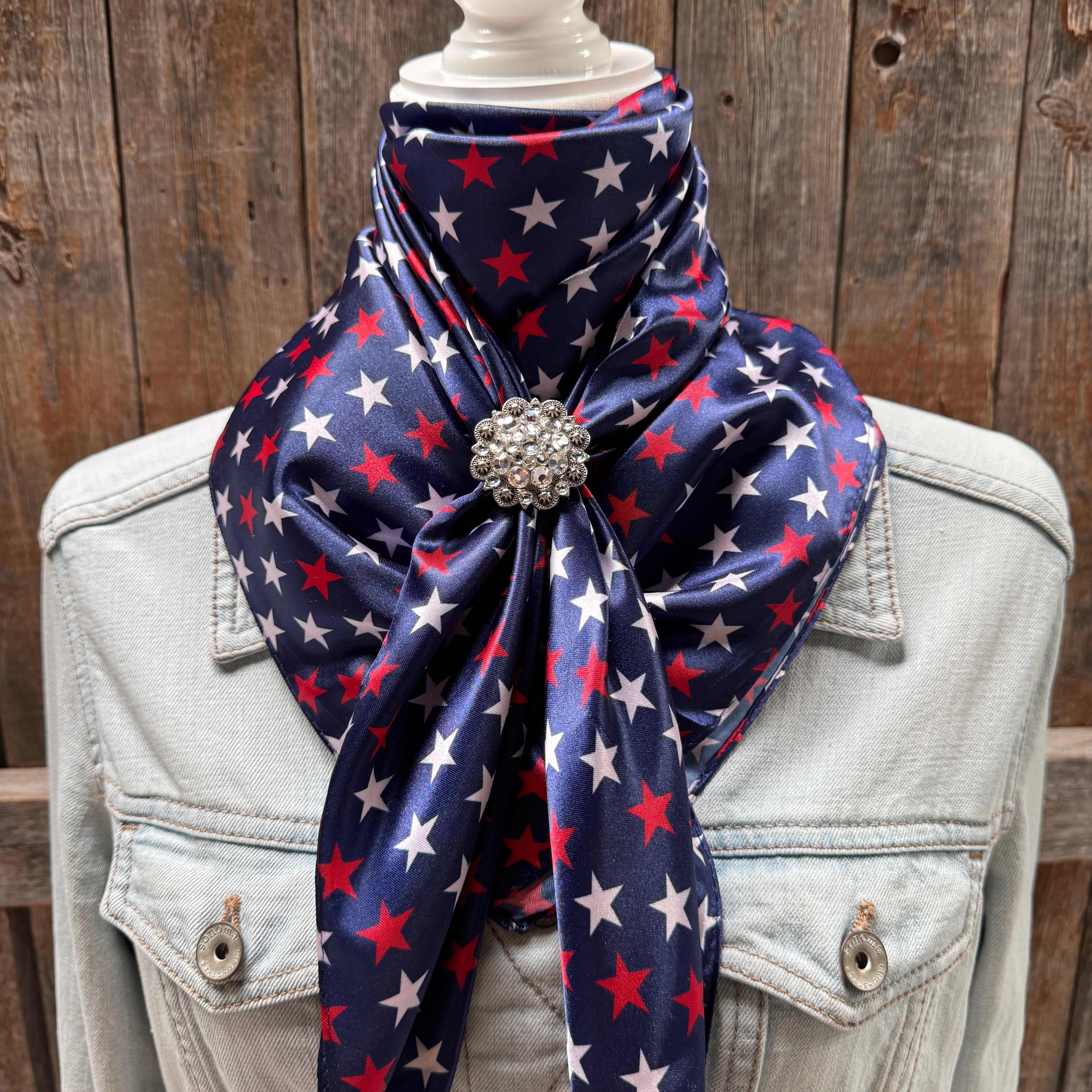 35X35" Red, White & Blue USA Star Wild Rag | Scarf - Antique Silver Clear Slide WRC3463G