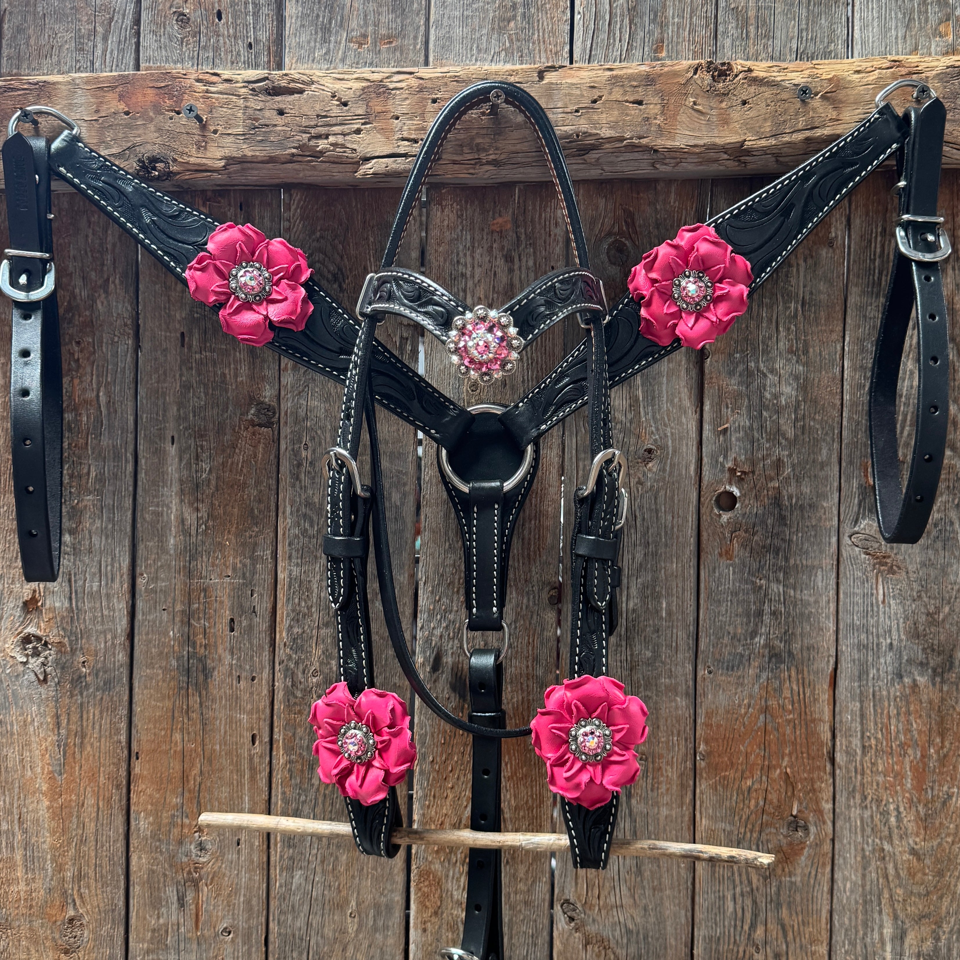Pony Black Floral Pink Flower V-Browband Tack Set #BBBC668P