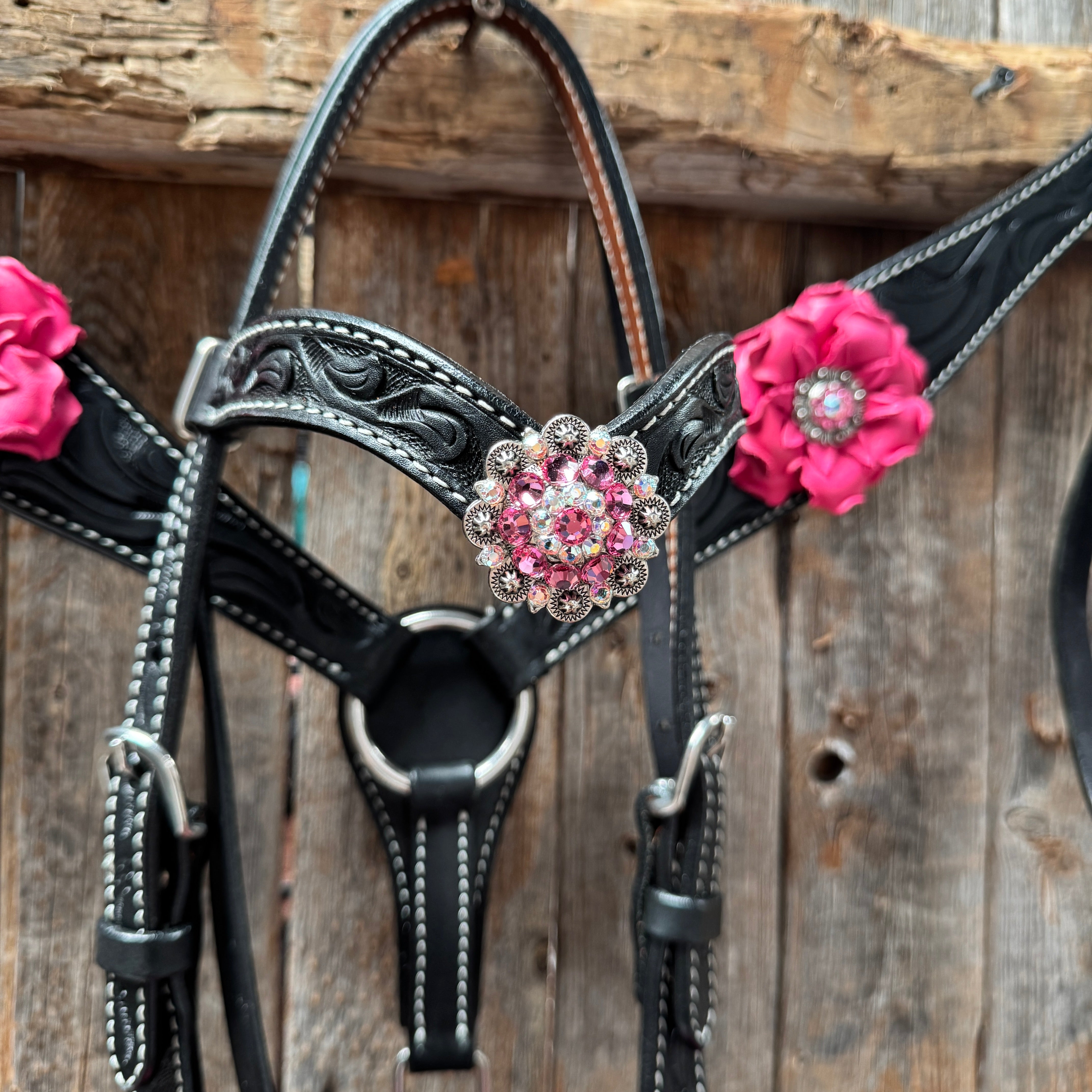 Pony Black Floral Pink Flower V-Browband Tack Set #BBBC668P