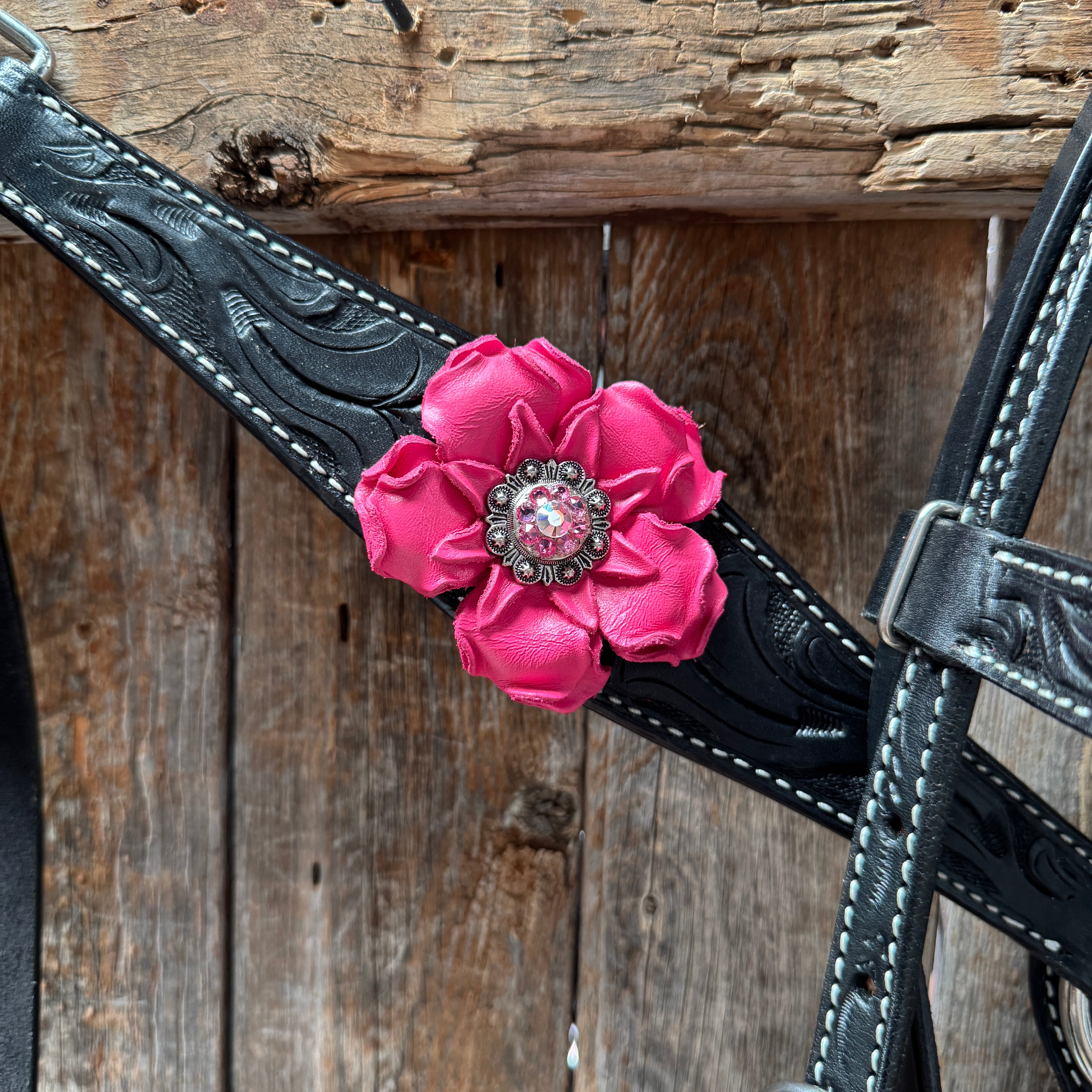 Pony Black Floral Pink Flower V-Browband Tack Set #BBBC668P