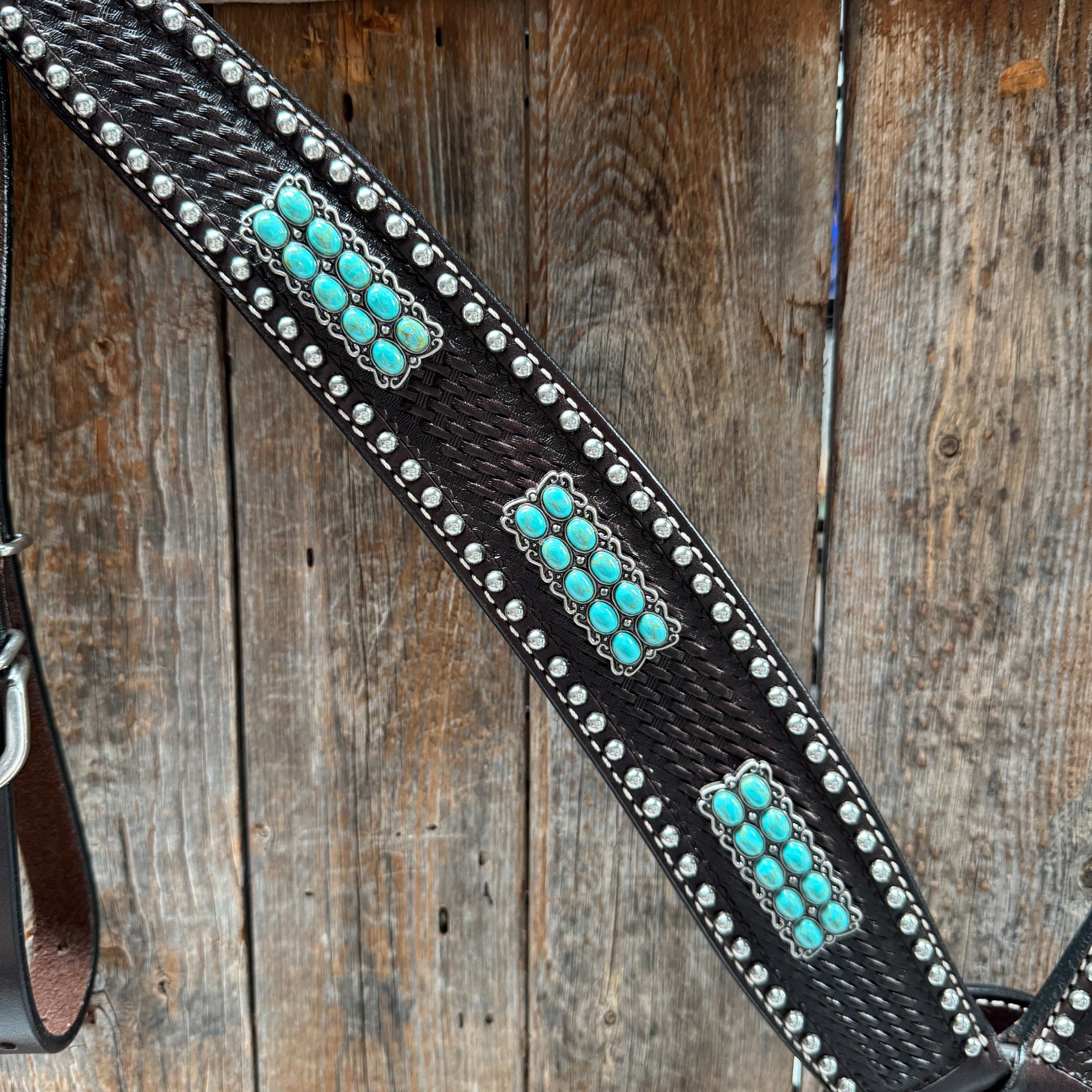 Dark Oil Silver Dot Antique Silver Turquoise Browband | One Ear Tack Set #BBBC500