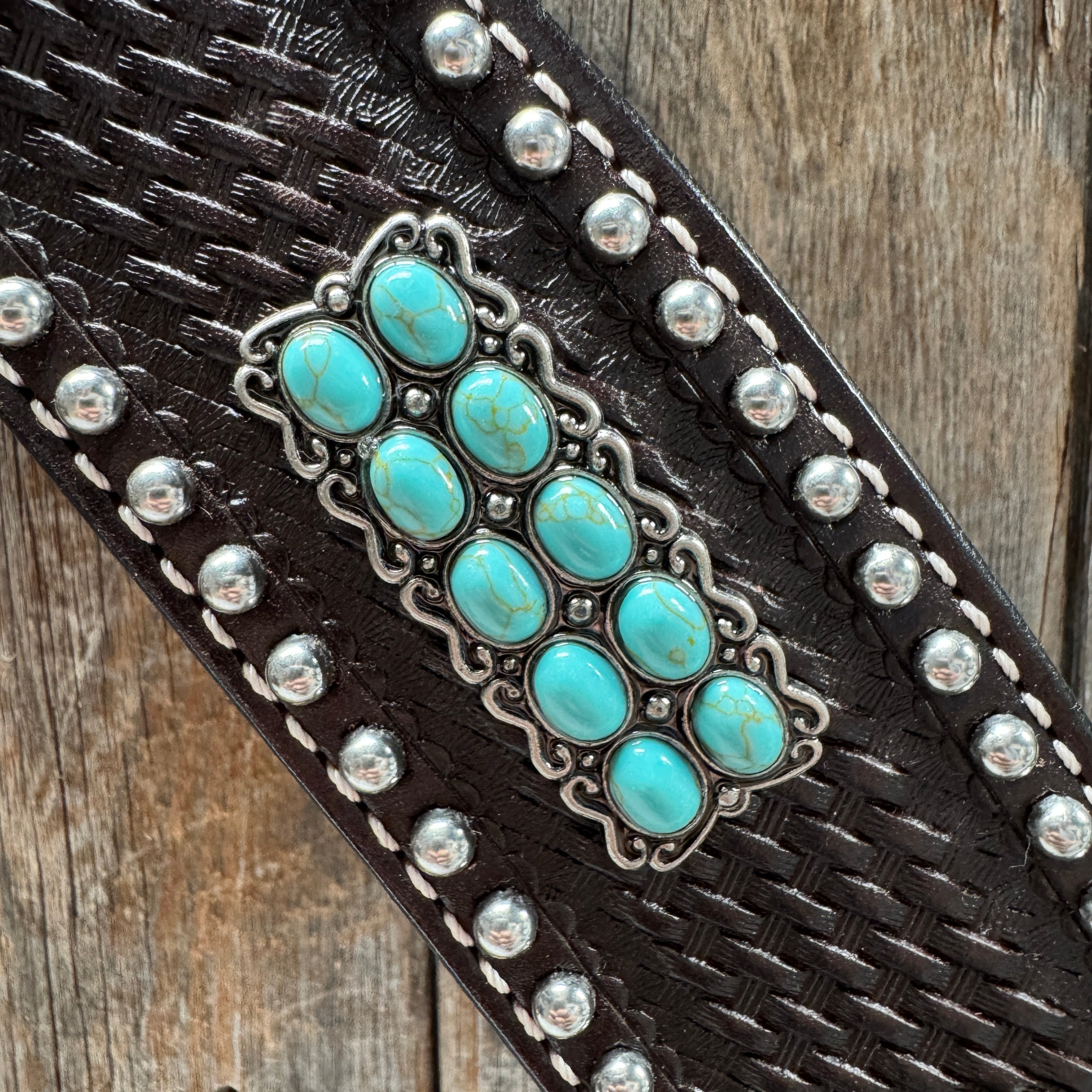 Dark Oil Silver Dot Antique Silver Turquoise Browband | One Ear Tack Set #BBBC500
