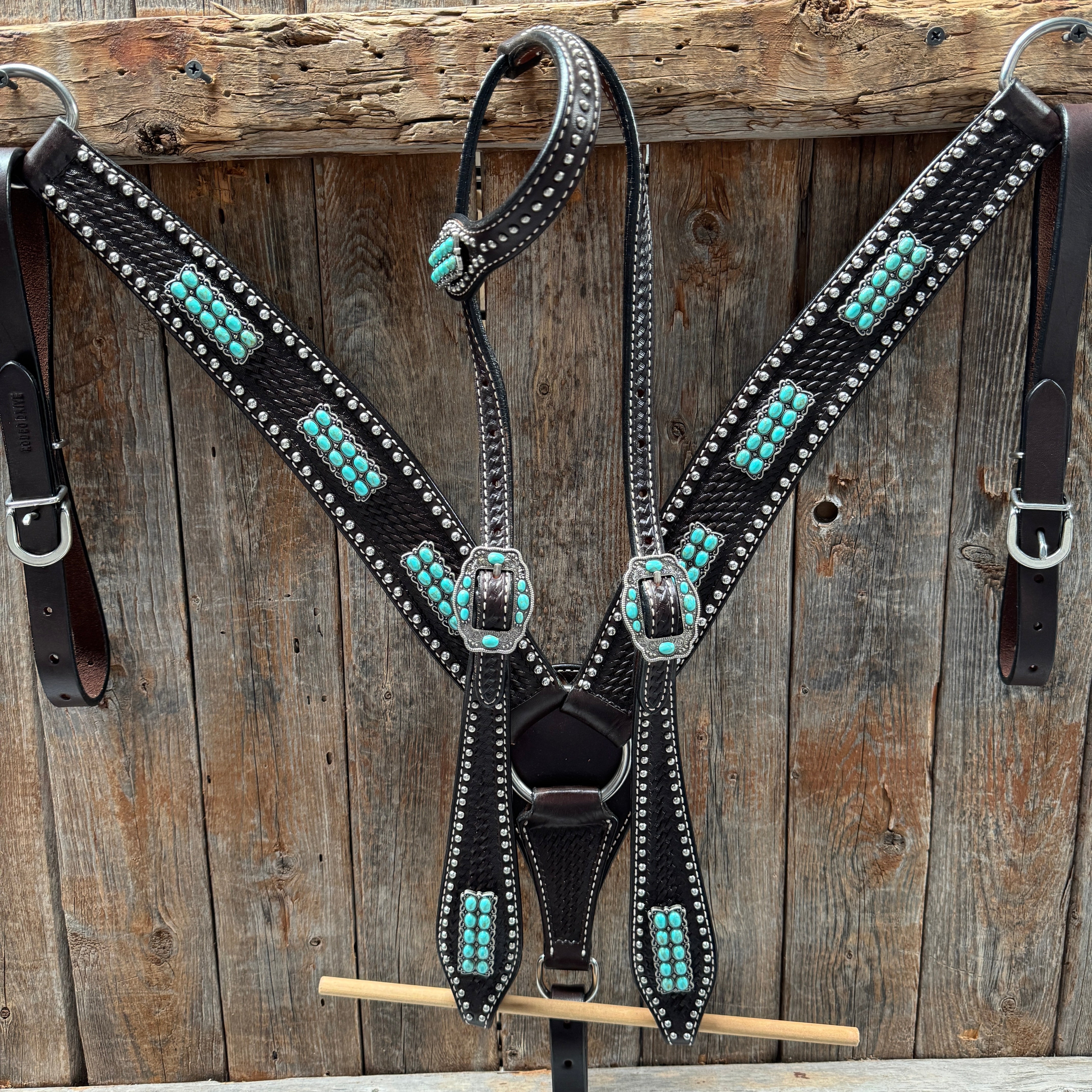 Dark Oil Silver Dot Antique Silver Turquoise Browband | One Ear Tack Set #BBBC500