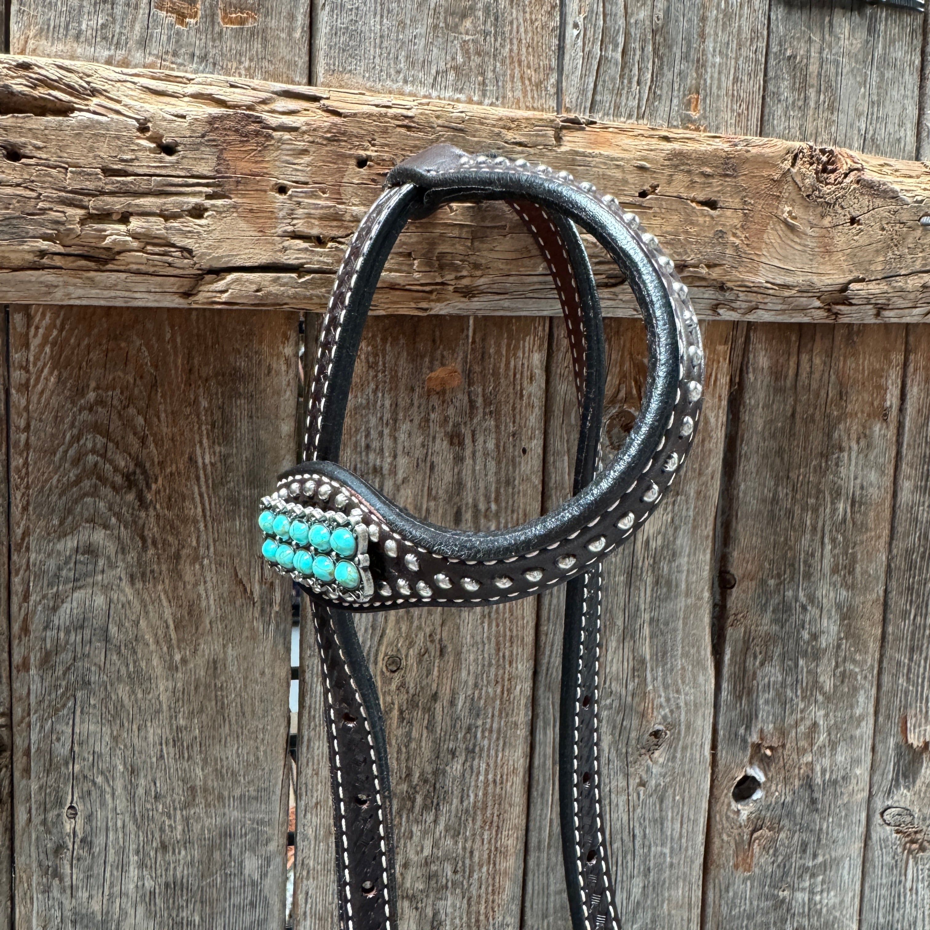 Dark Oil Silver Dot Antique Silver Turquoise Browband | One Ear Tack Set #BBBC500