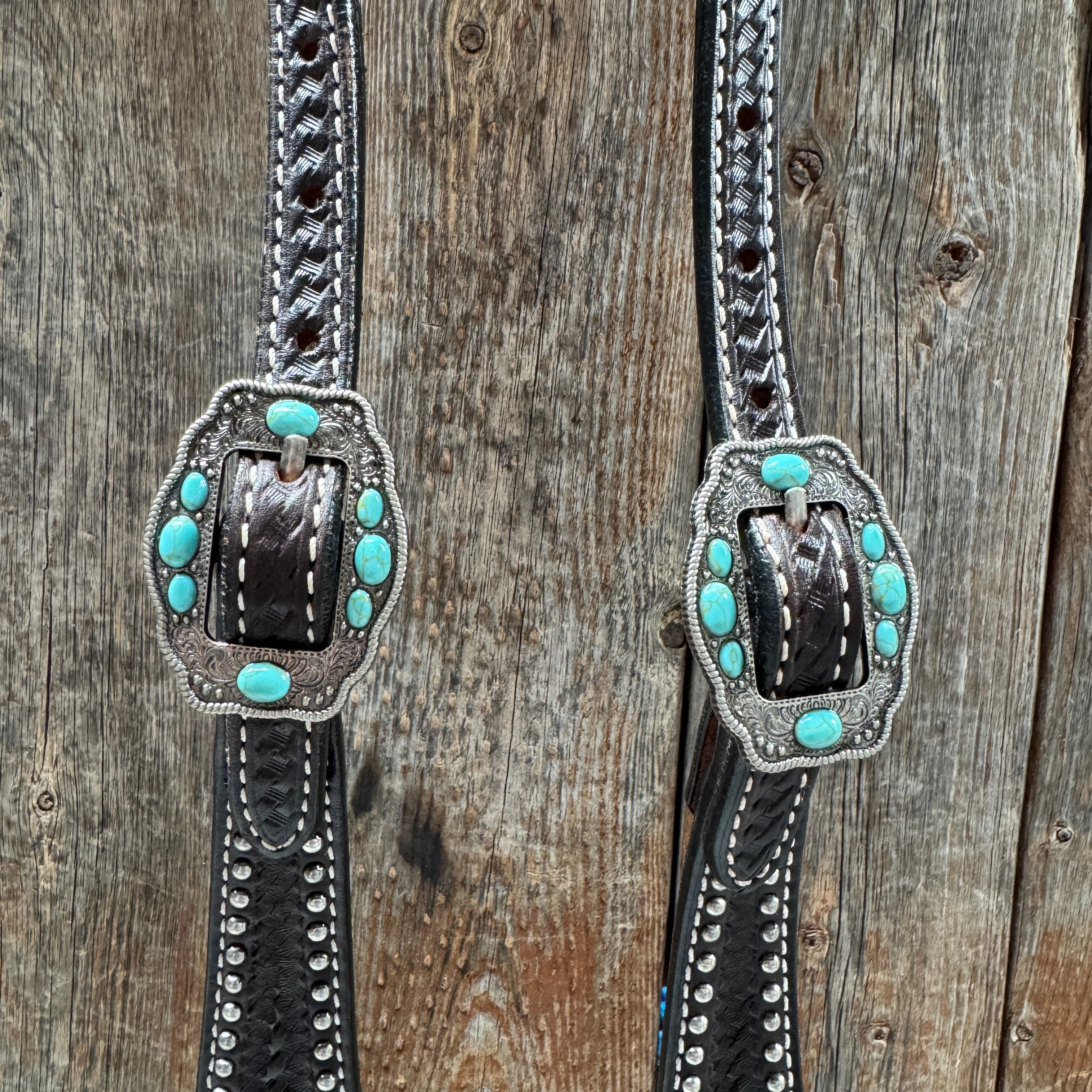 Dark Oil Silver Dot Antique Silver Turquoise Browband | One Ear Tack Set #BBBC500