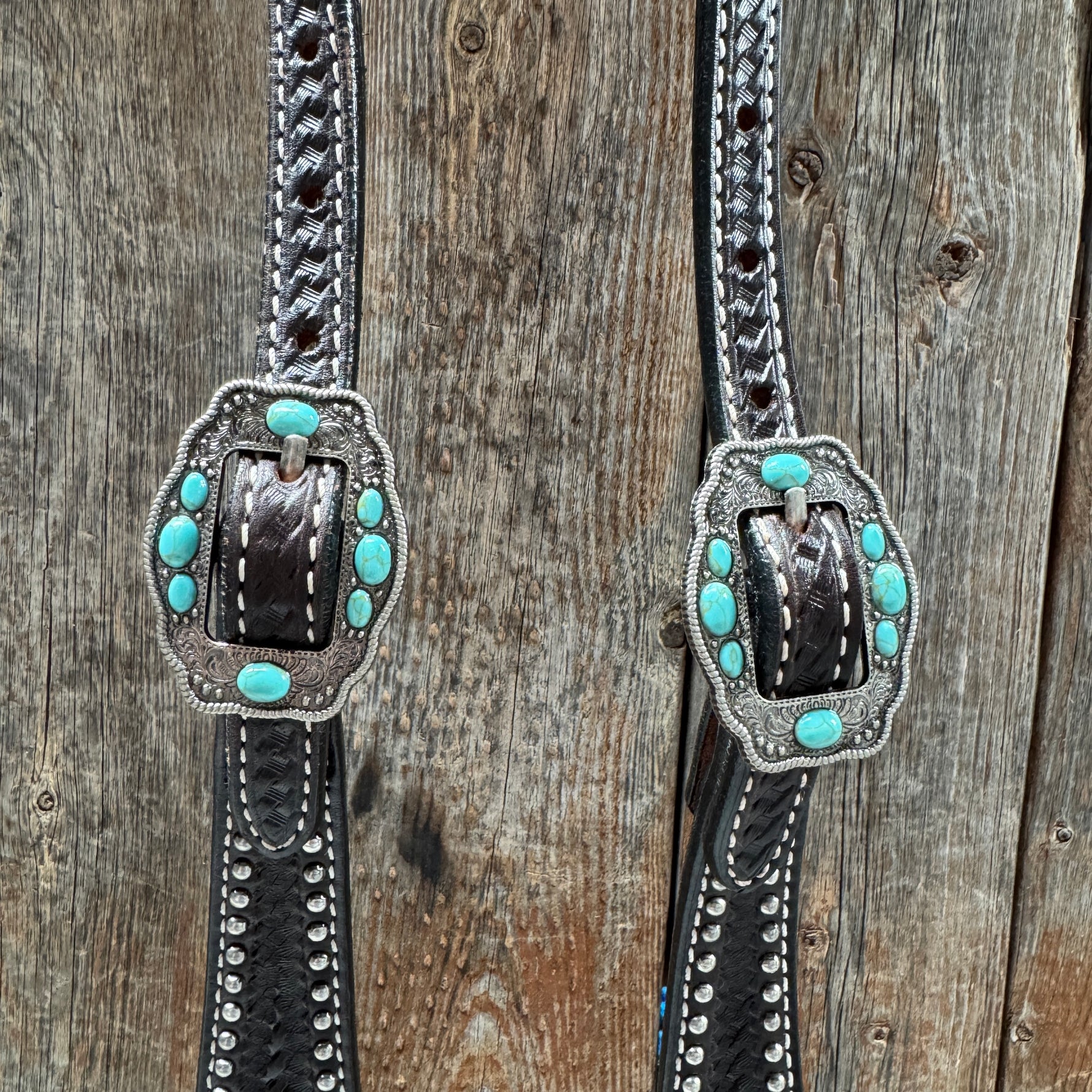 Dark Oil Silver Dot Antique Silver Turquoise Browband | One Ear Tack Set #BBBC500