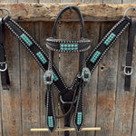Dark Oil Silver Dot Antique Silver Turquoise Browband | One Ear Tack Set #BBBC500