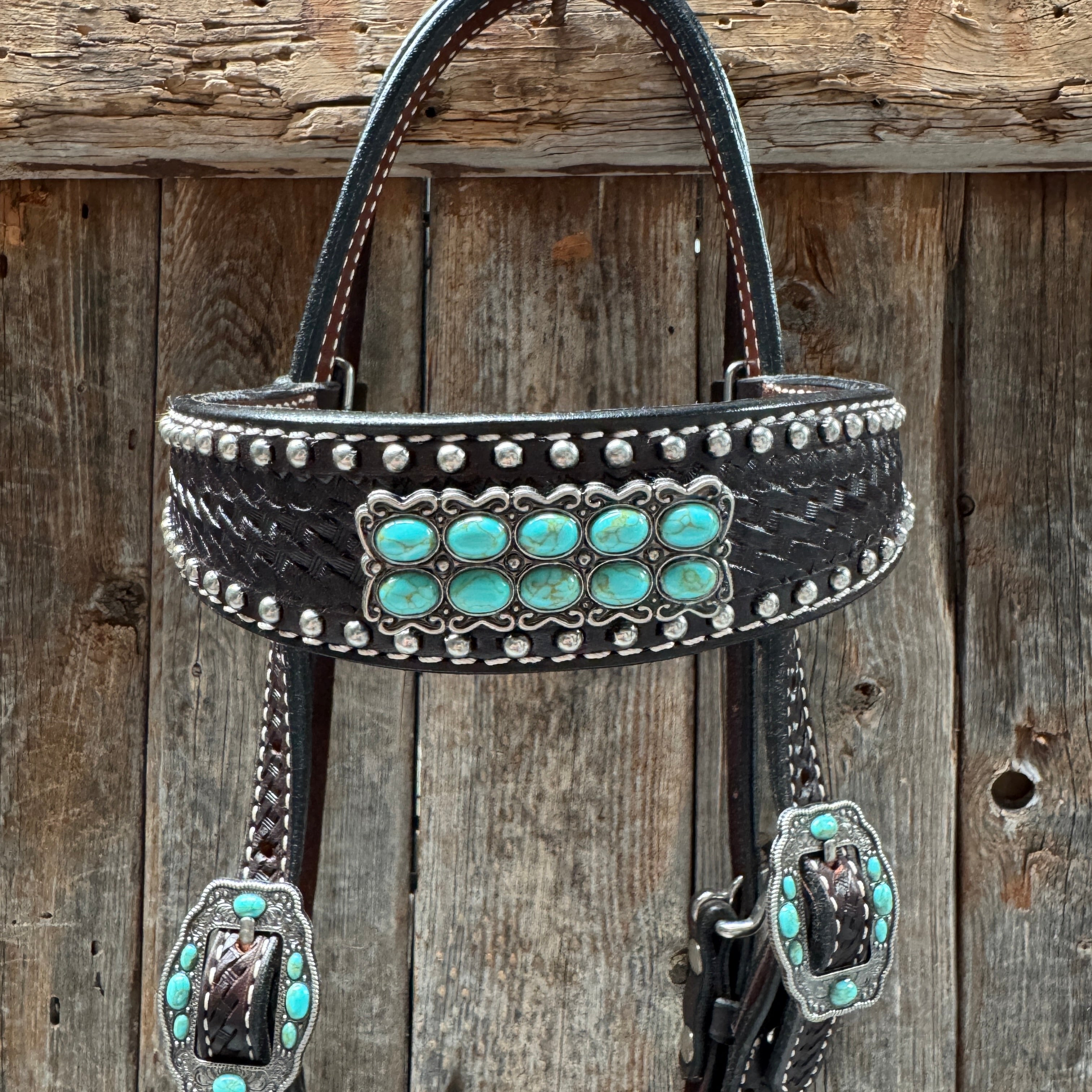 Dark Oil Silver Dot Antique Silver Turquoise Browband | One Ear Tack Set #BBBC500