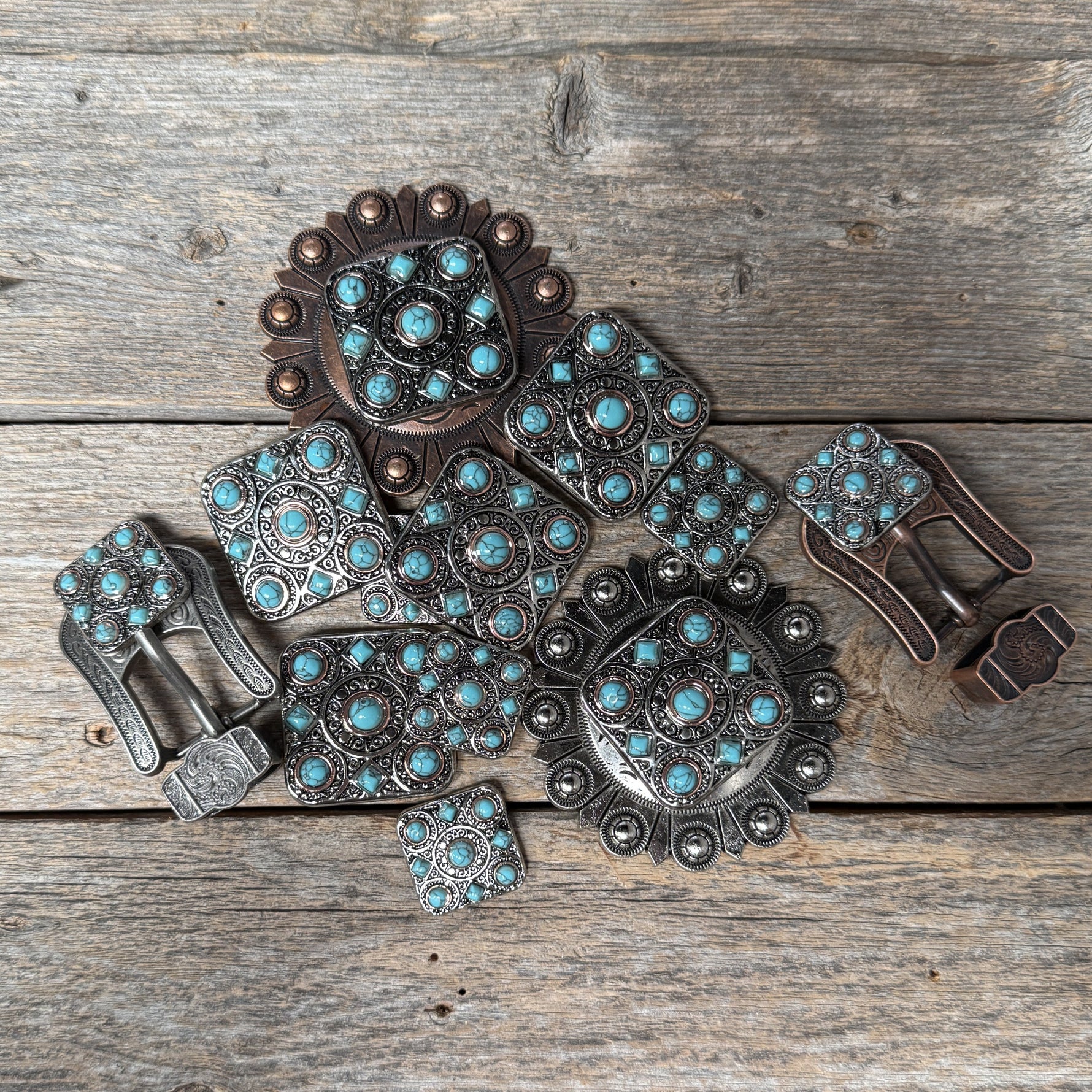Antique Silver and Copper Square Turquoise Western Conchos W243