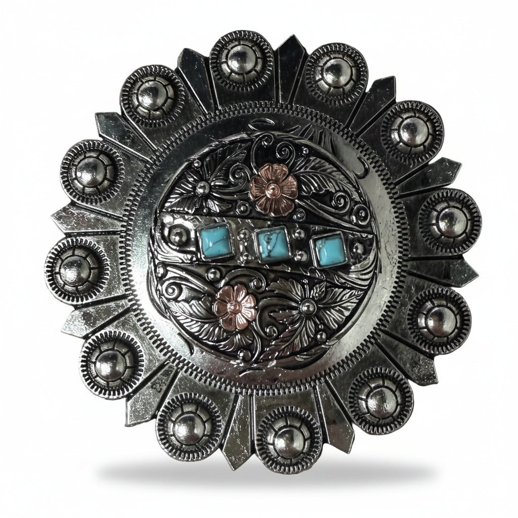 Antique Silver and Copper Turquoise Floral Western Conchos W245