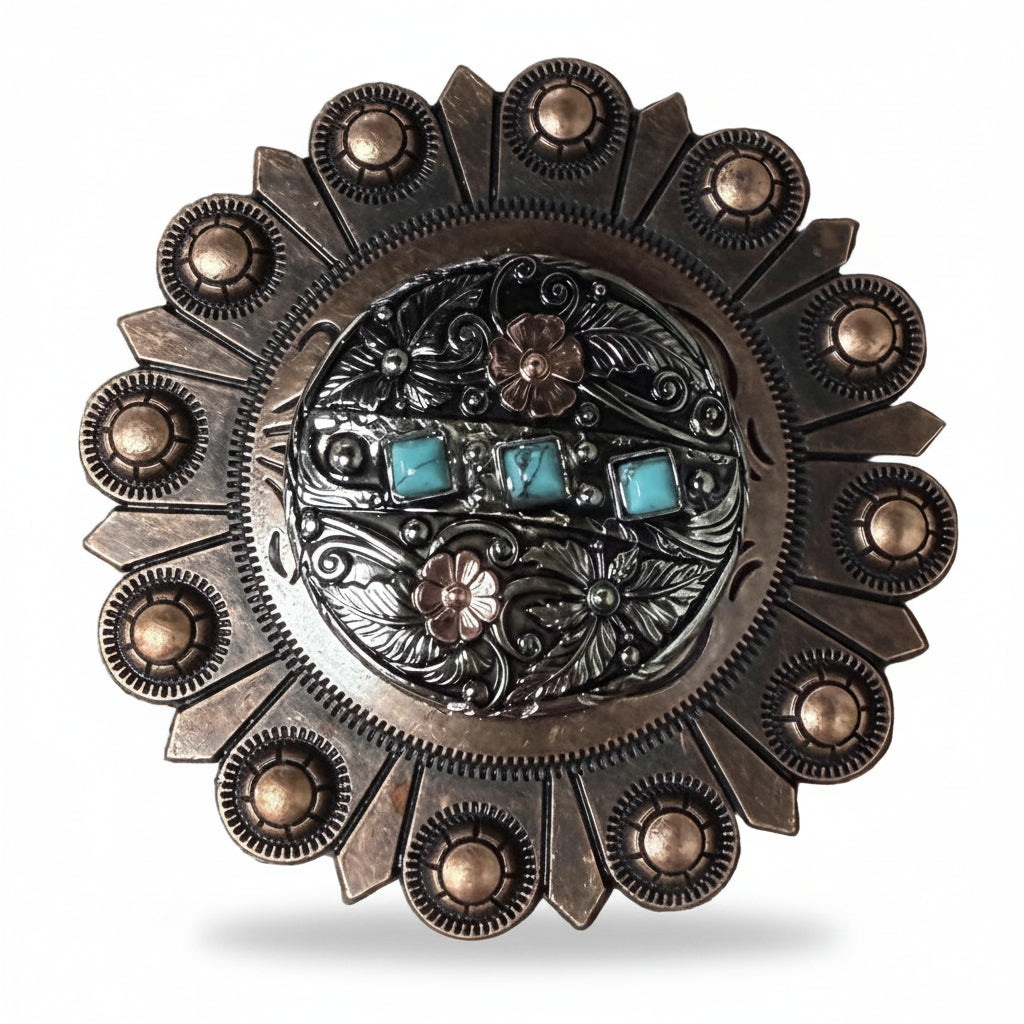 Antique Silver and Copper Turquoise Floral Western Conchos W245