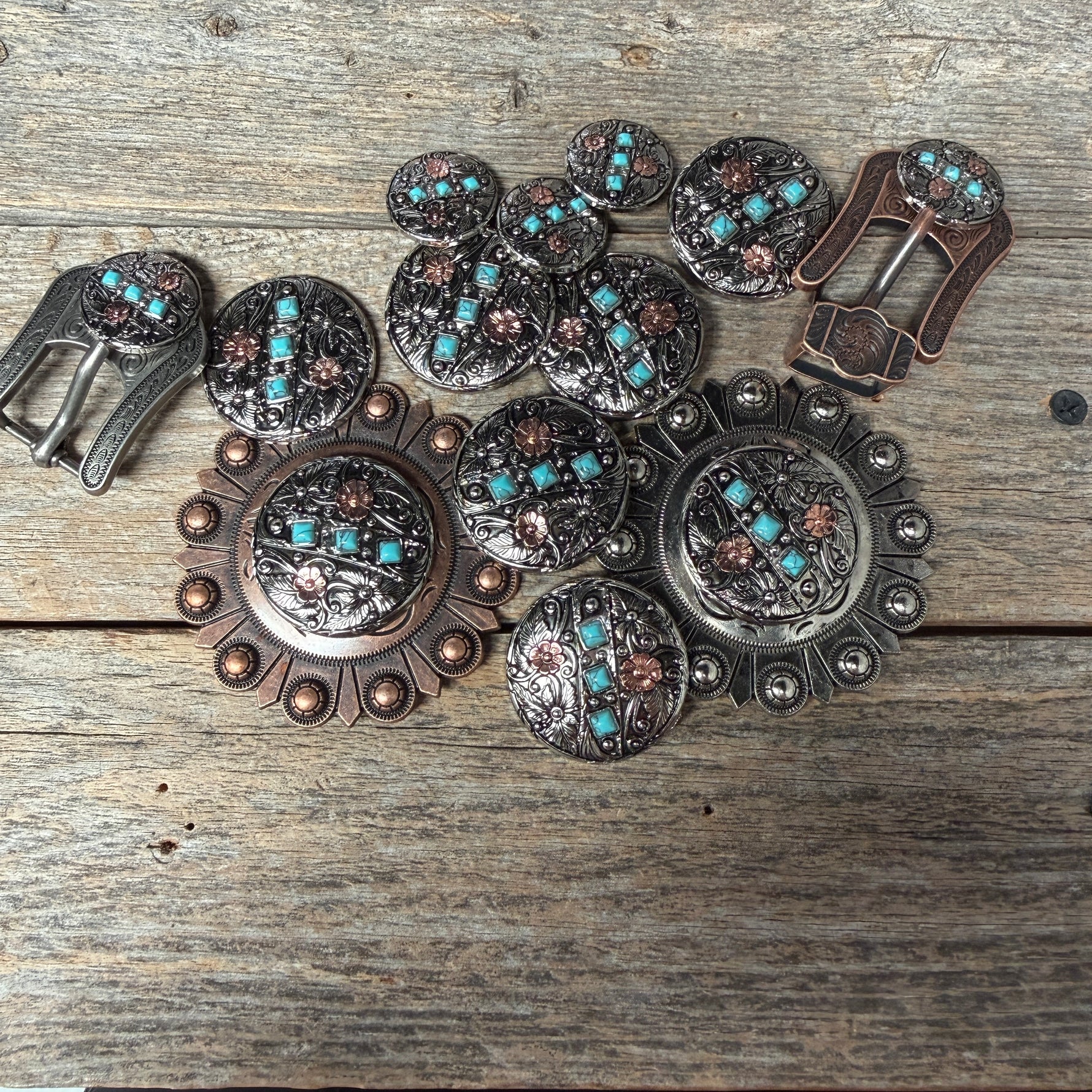 Antique Silver and Copper Turquoise Floral Western Conchos W245