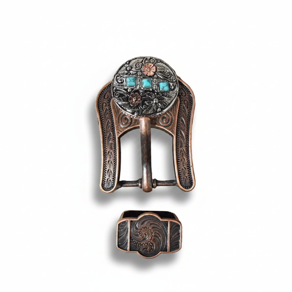 Antique Silver and Copper Turquoise Floral Western Conchos W245
