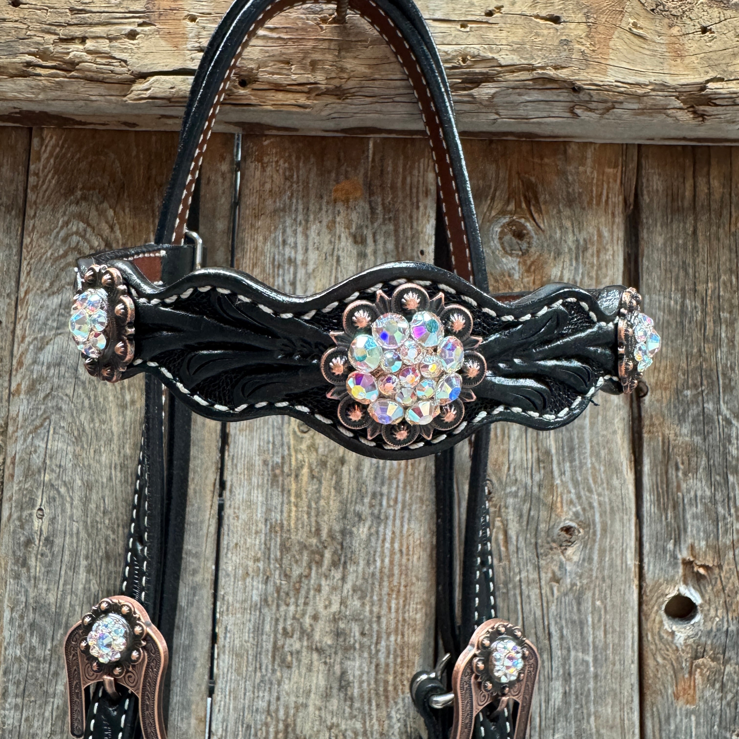 Black Floral AB Browband | One Ear Tack Set #BBBC501
