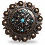 Antique Silver with Copper Petals and Turquoise Western Concho W246