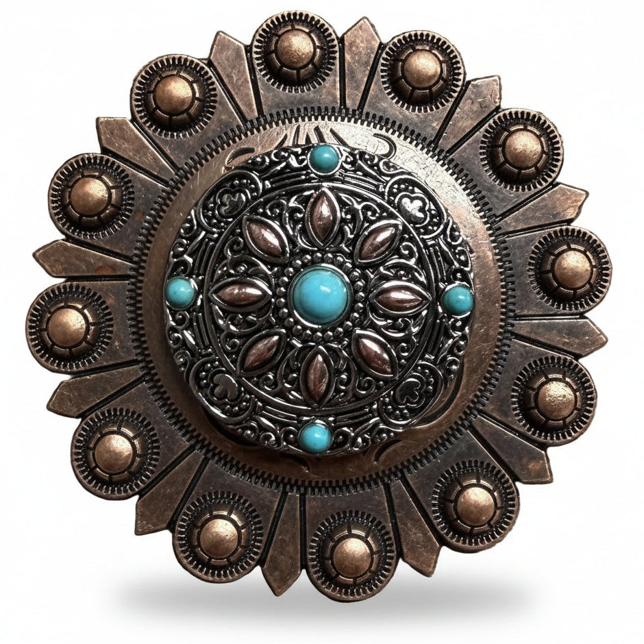 Antique Silver with Copper Petals and Turquoise Western Concho W246
