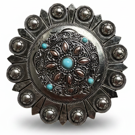 Antique Silver with Copper Petals and Turquoise Western Concho W246