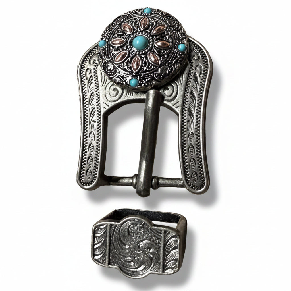 Antique Silver with Copper Petals and Turquoise Western Concho W246