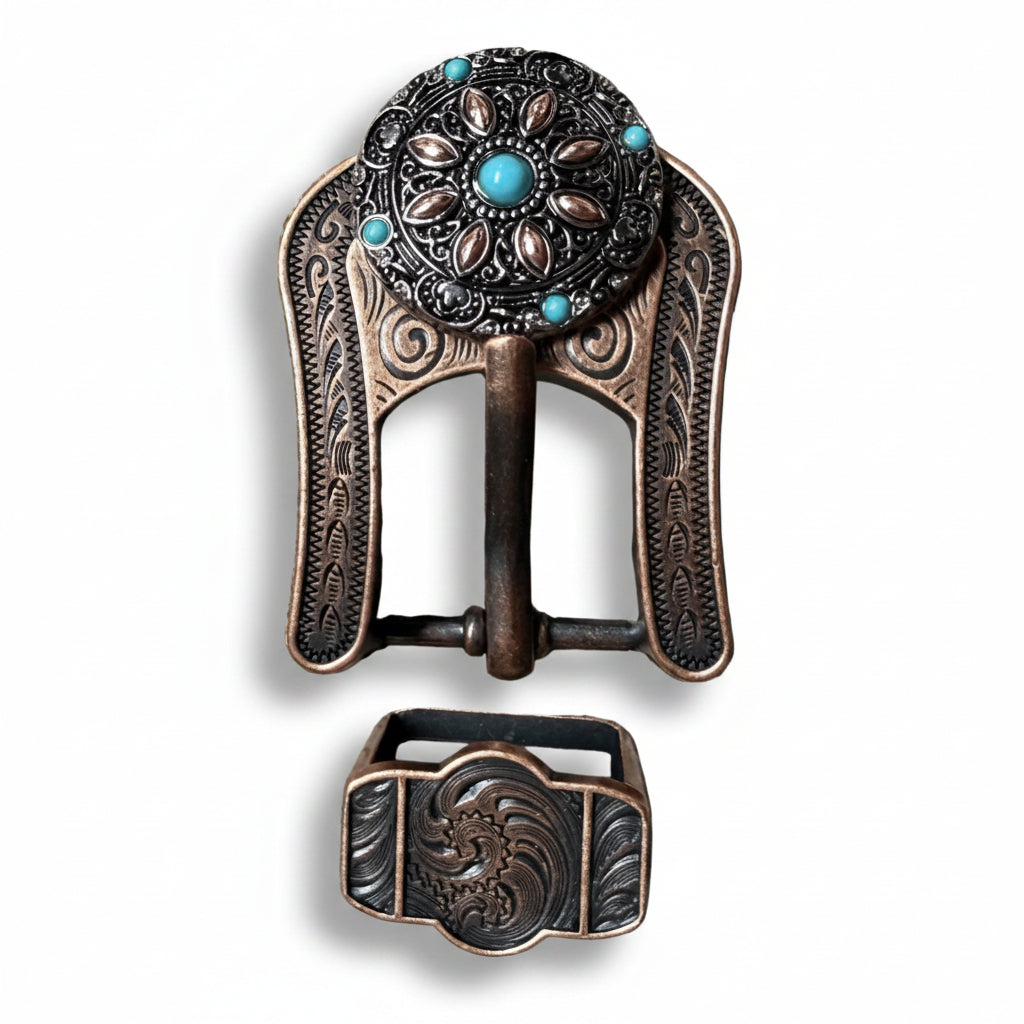Antique Silver with Copper Petals and Turquoise Western Concho W246
