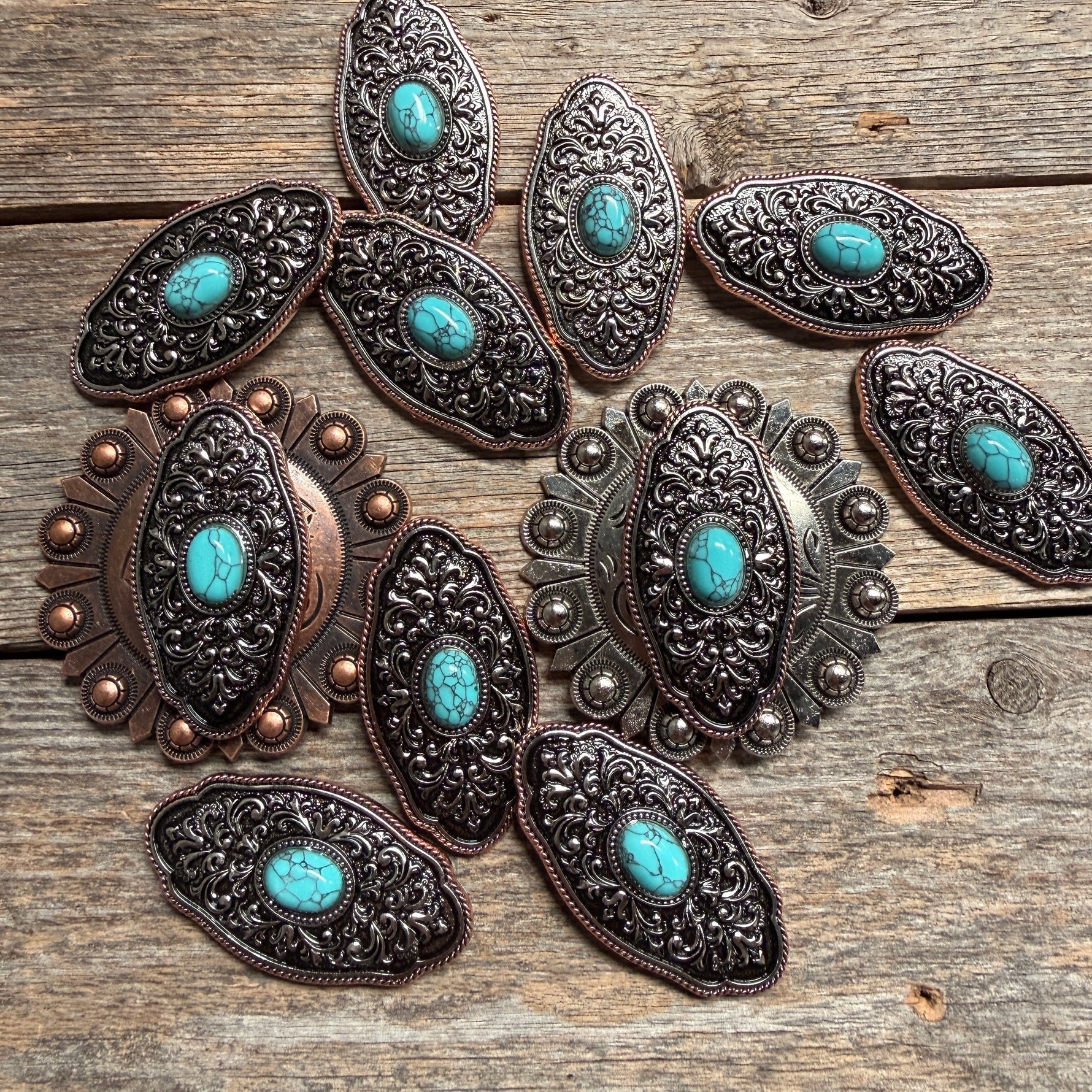 Oblong Antique Silver and Copper Turquoise Western Conchos W254
