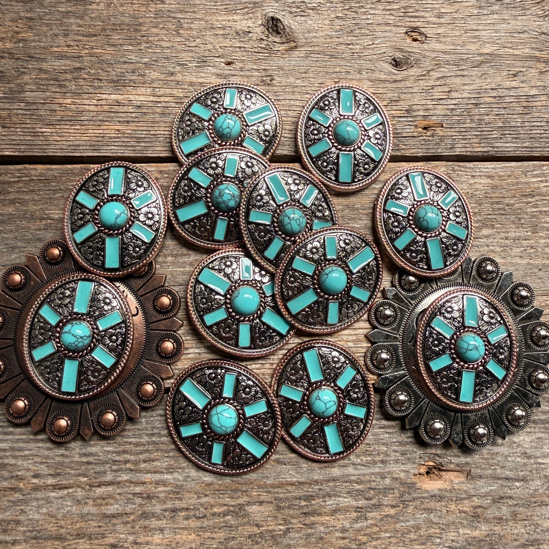 Oval Antique Silver and Copper Turquoise Western Conchos W255
