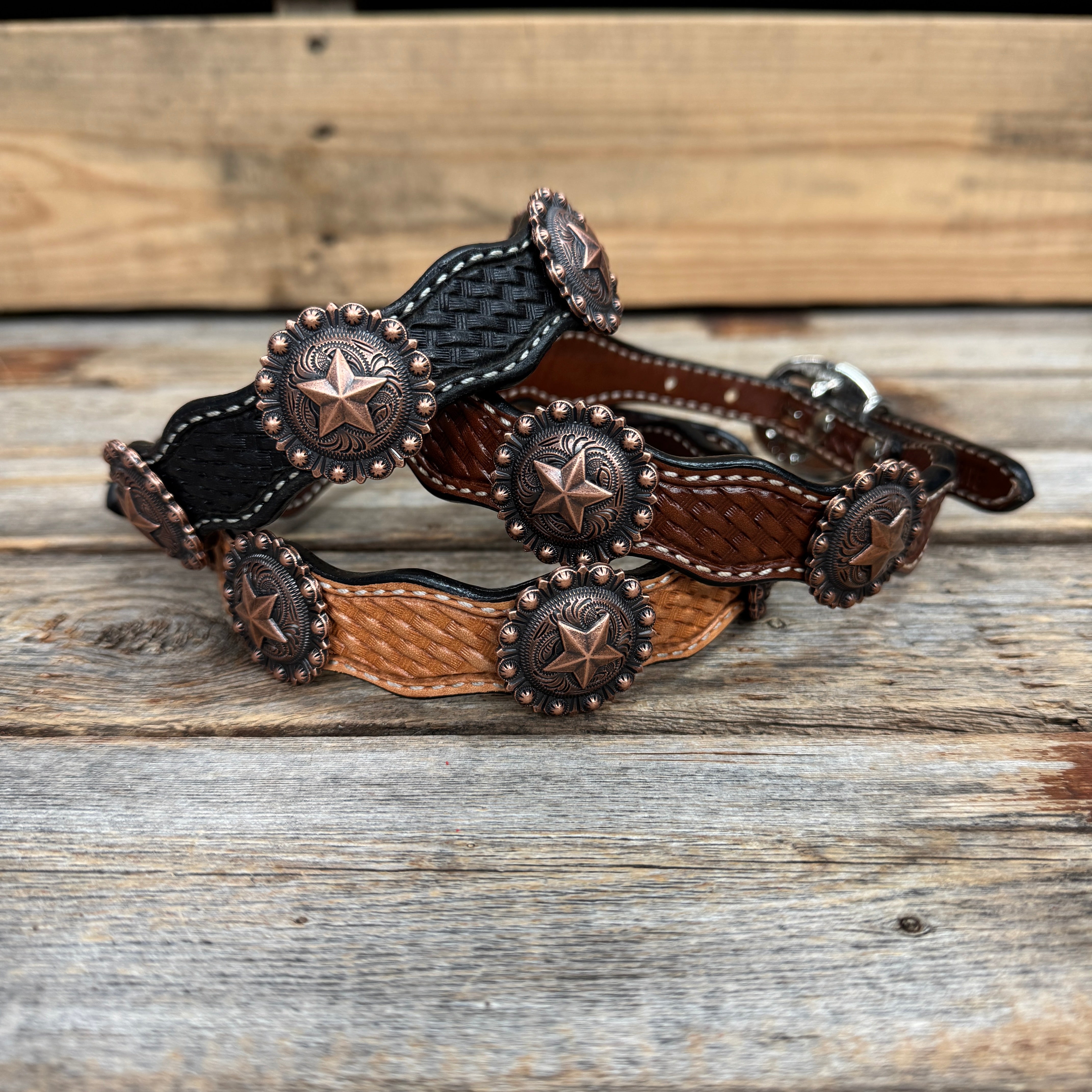 Genuine Leather Dog Collar With Copper Star Concho 12" to 22" W175L | DC4