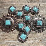 Antique Silver and Copper Dot Turquoise Concho W258
