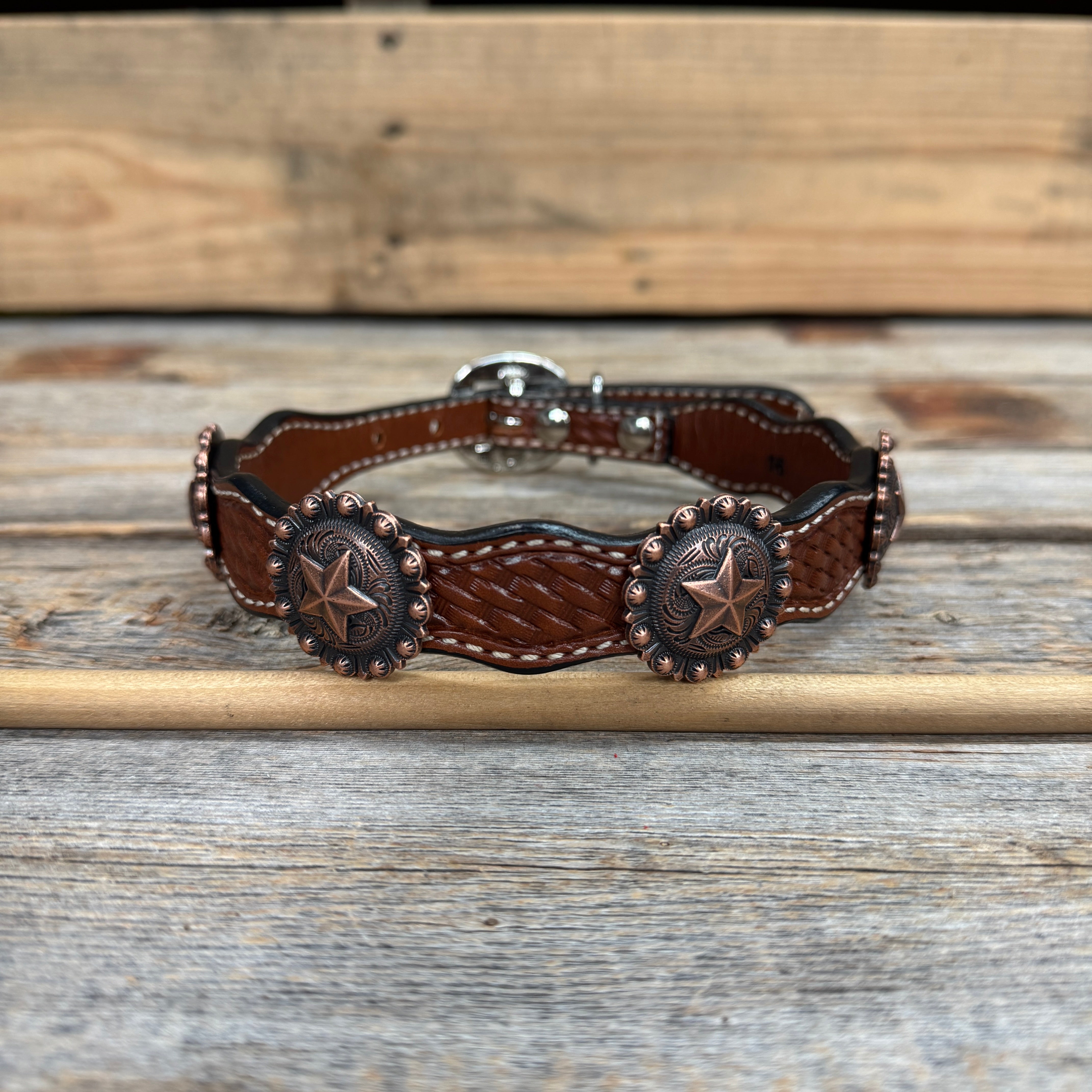 Genuine Leather Dog Collar With Copper Star Concho 12" to 22" W175L | DC4