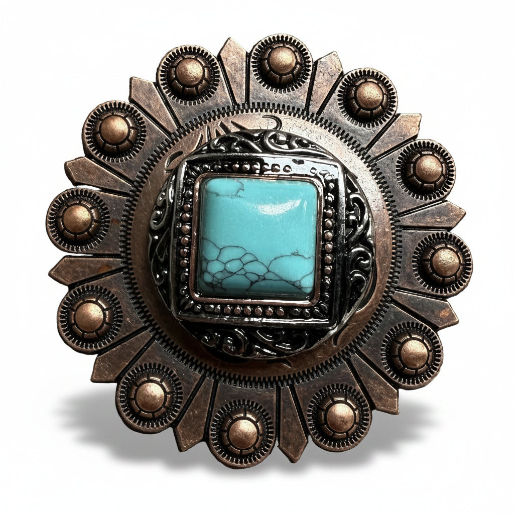 Antique Silver and Copper Dot Turquoise Concho W258