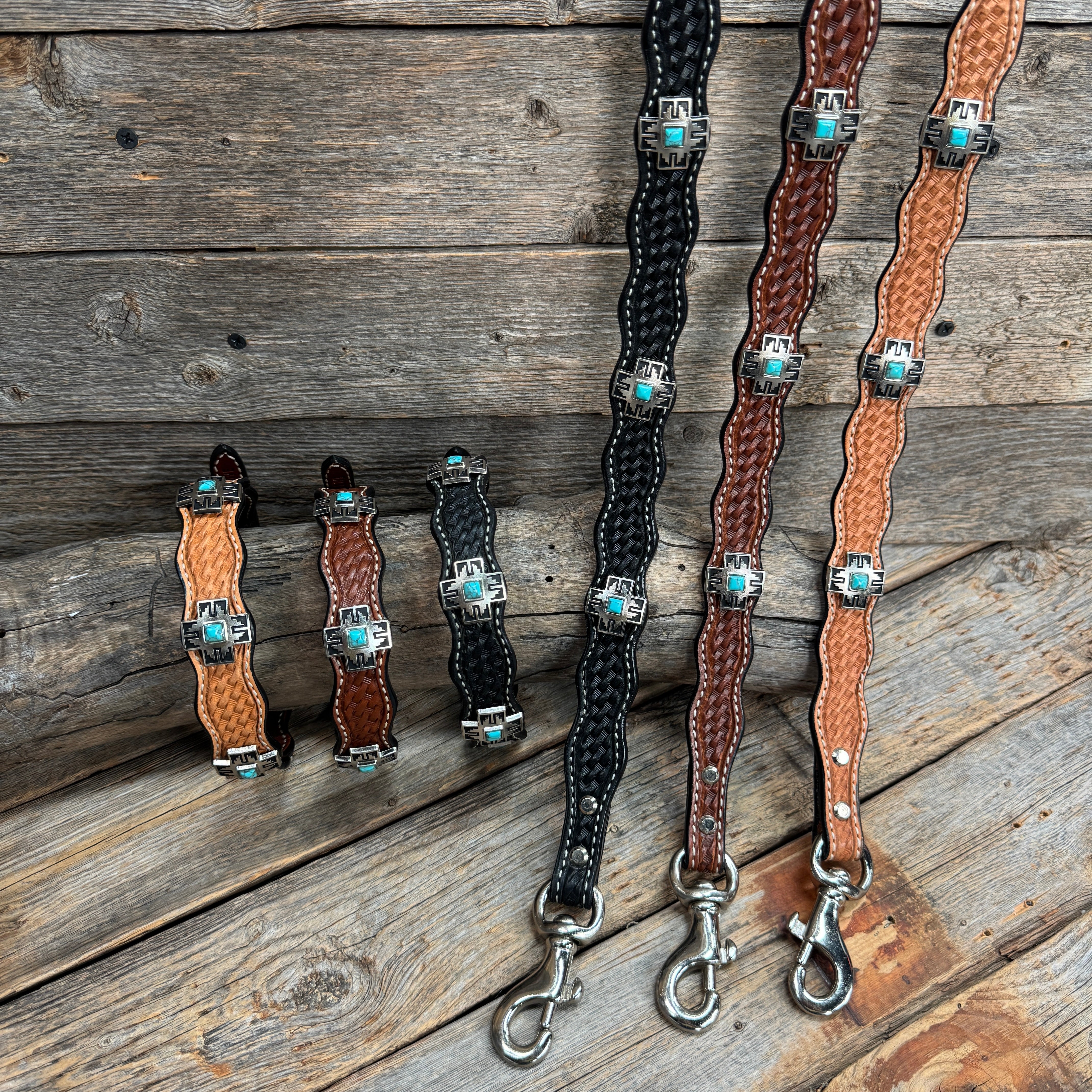 Genuine Leather Dog Collar or Leash With Antique Silver Southwest Conchos 12" to 22" W201S | DC79