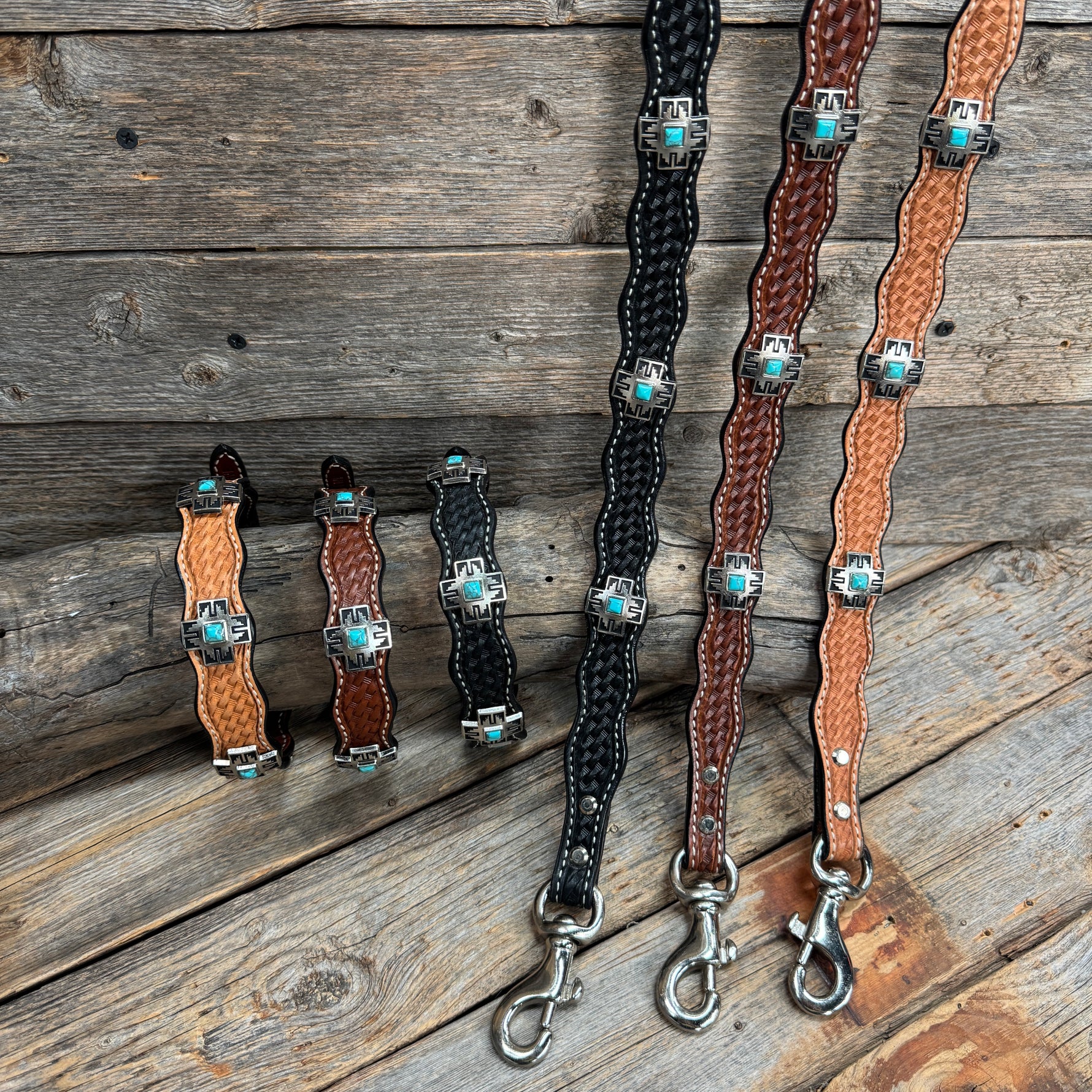 Genuine Leather Dog Collar or Leash With Antique Silver Southwest Conchos 12" to 22" W201S | DC79