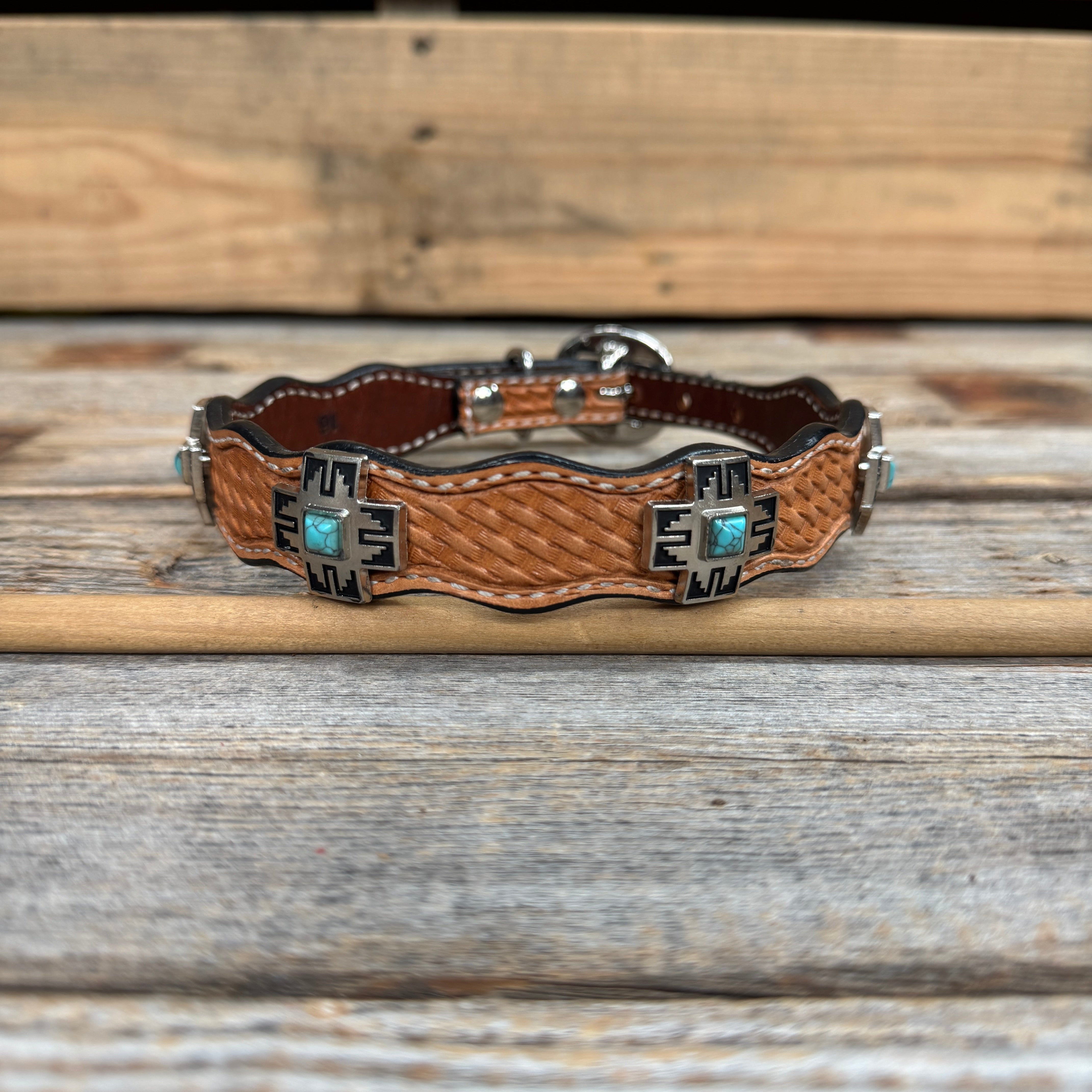 Genuine Leather Dog Collar or Leash With Antique Silver Southwest Conchos 12" to 22" W201S | DC79