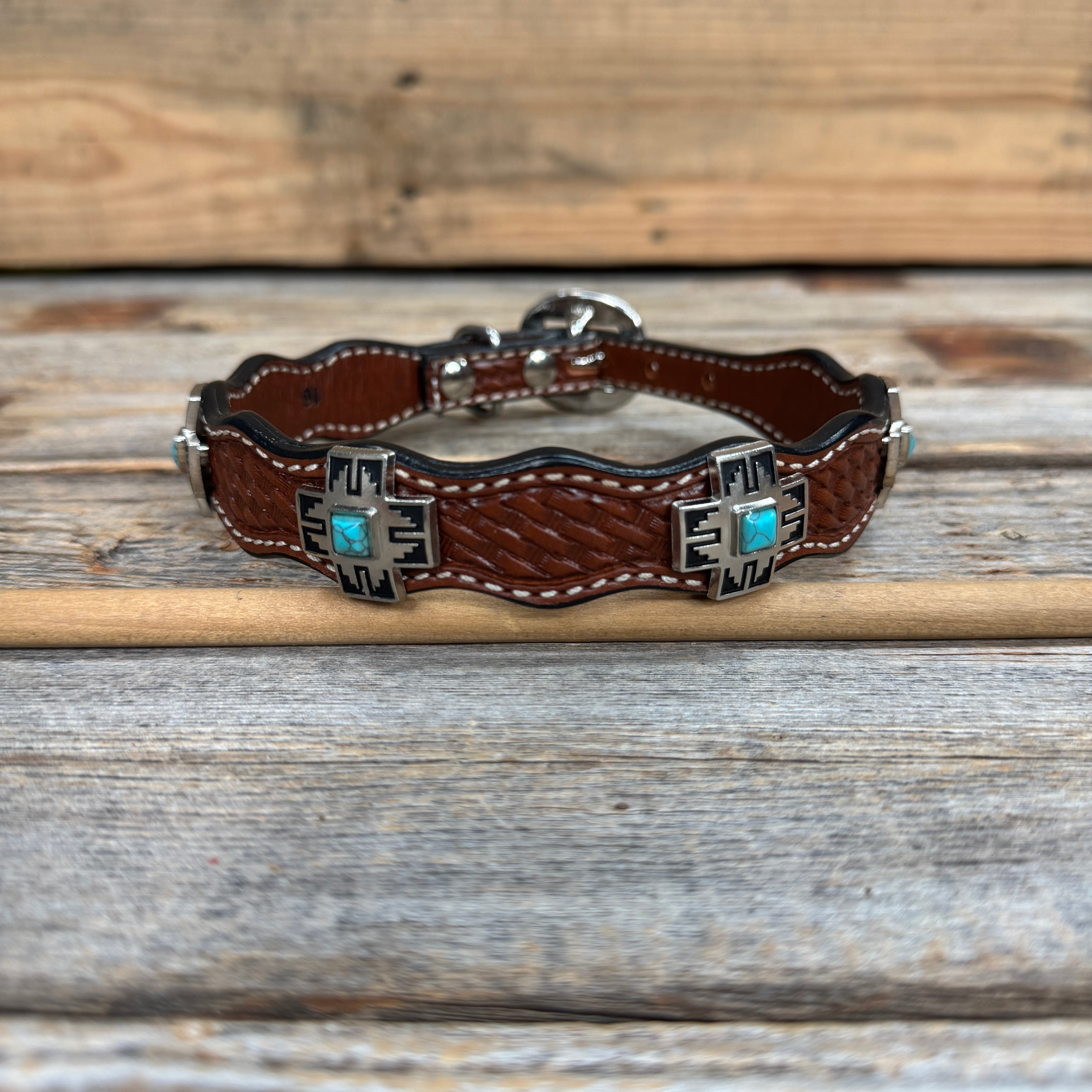 Genuine Leather Dog Collar or Leash With Antique Silver Southwest Conchos 12" to 22" W201S | DC79