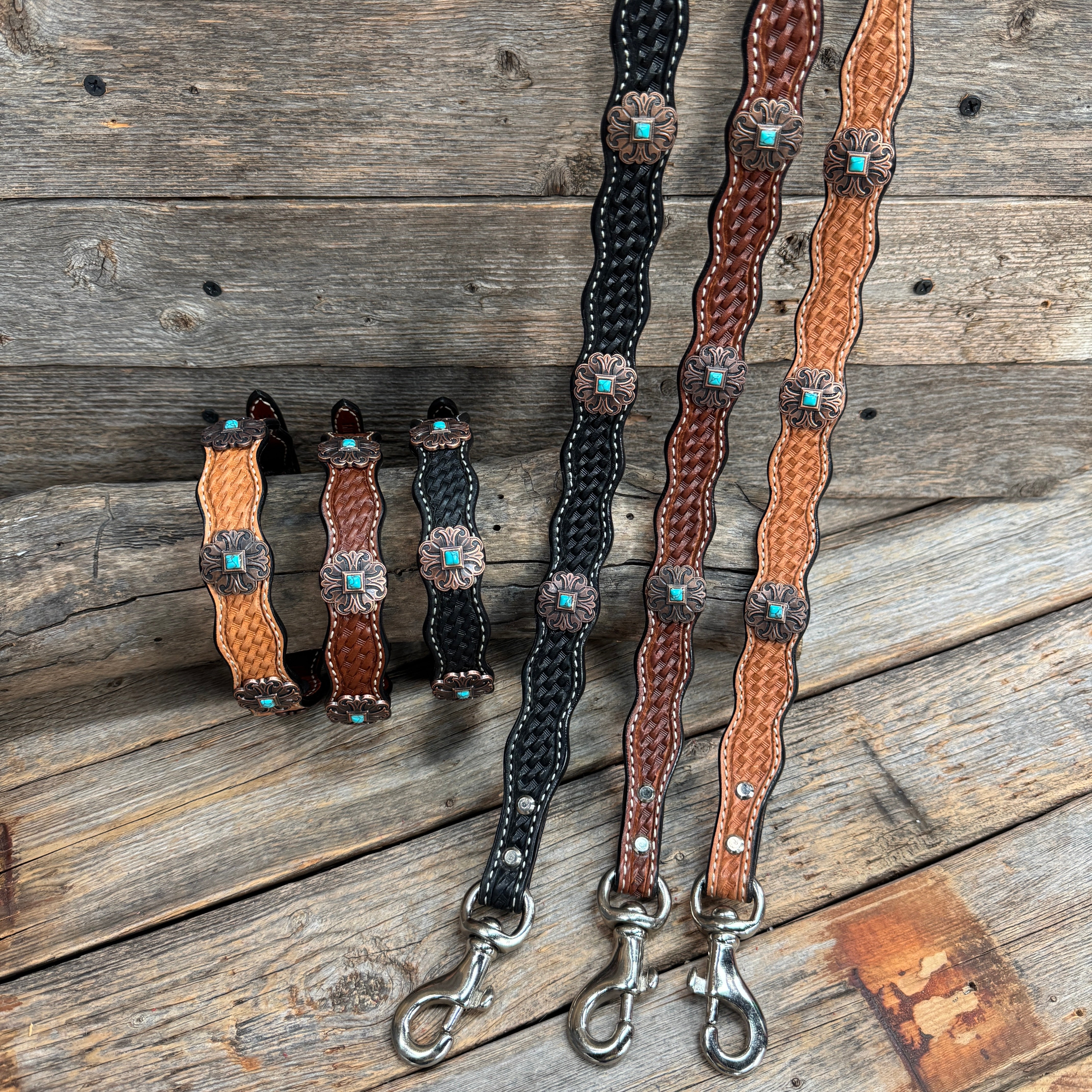 Genuine Leather Dog Collar or Leash With Copper Fleur De Lis Conchos 10" to 22" W141S -DC55