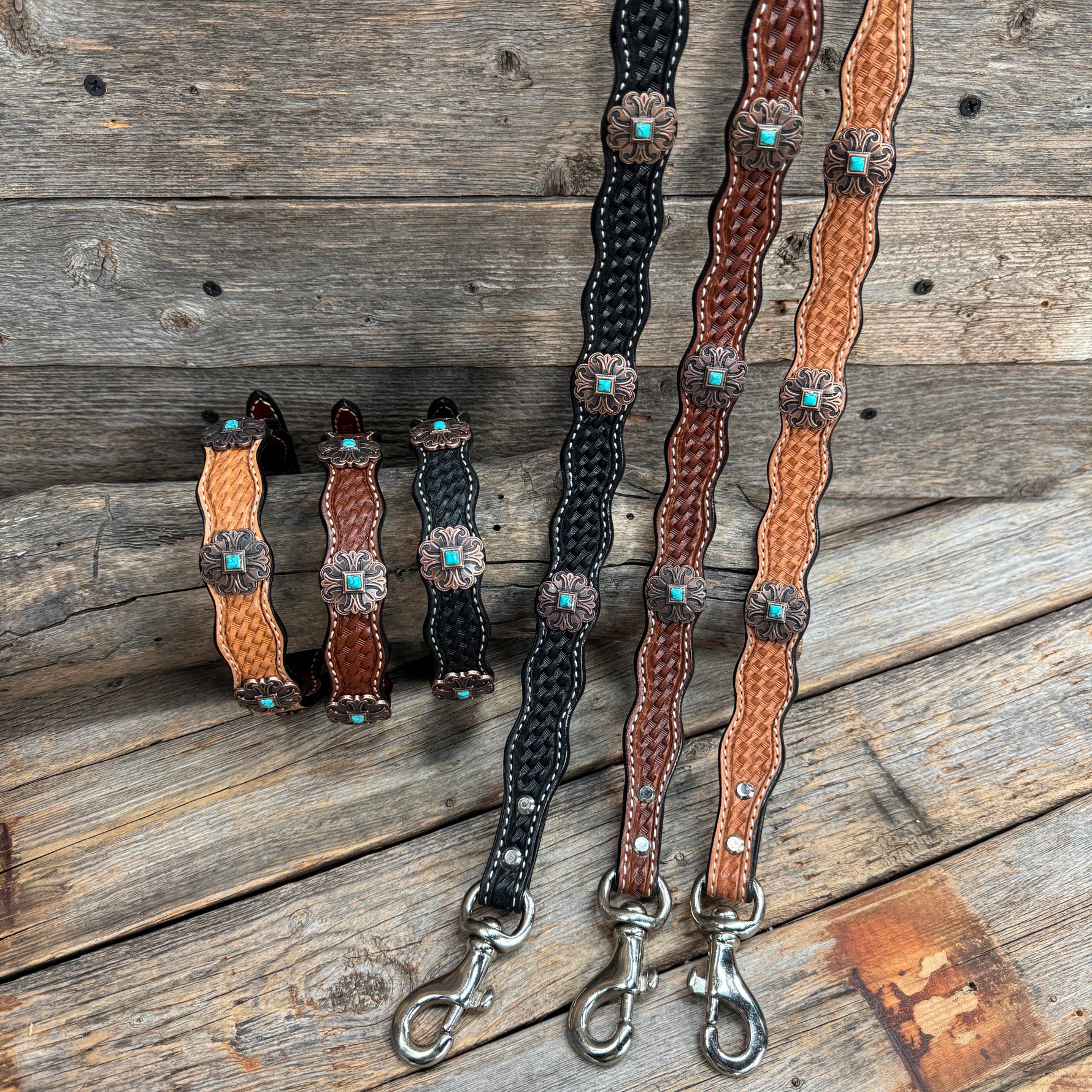 Genuine Leather Dog Collar or Leash With Copper Fleur De Lis Conchos 10" to 22" W141S -DC55
