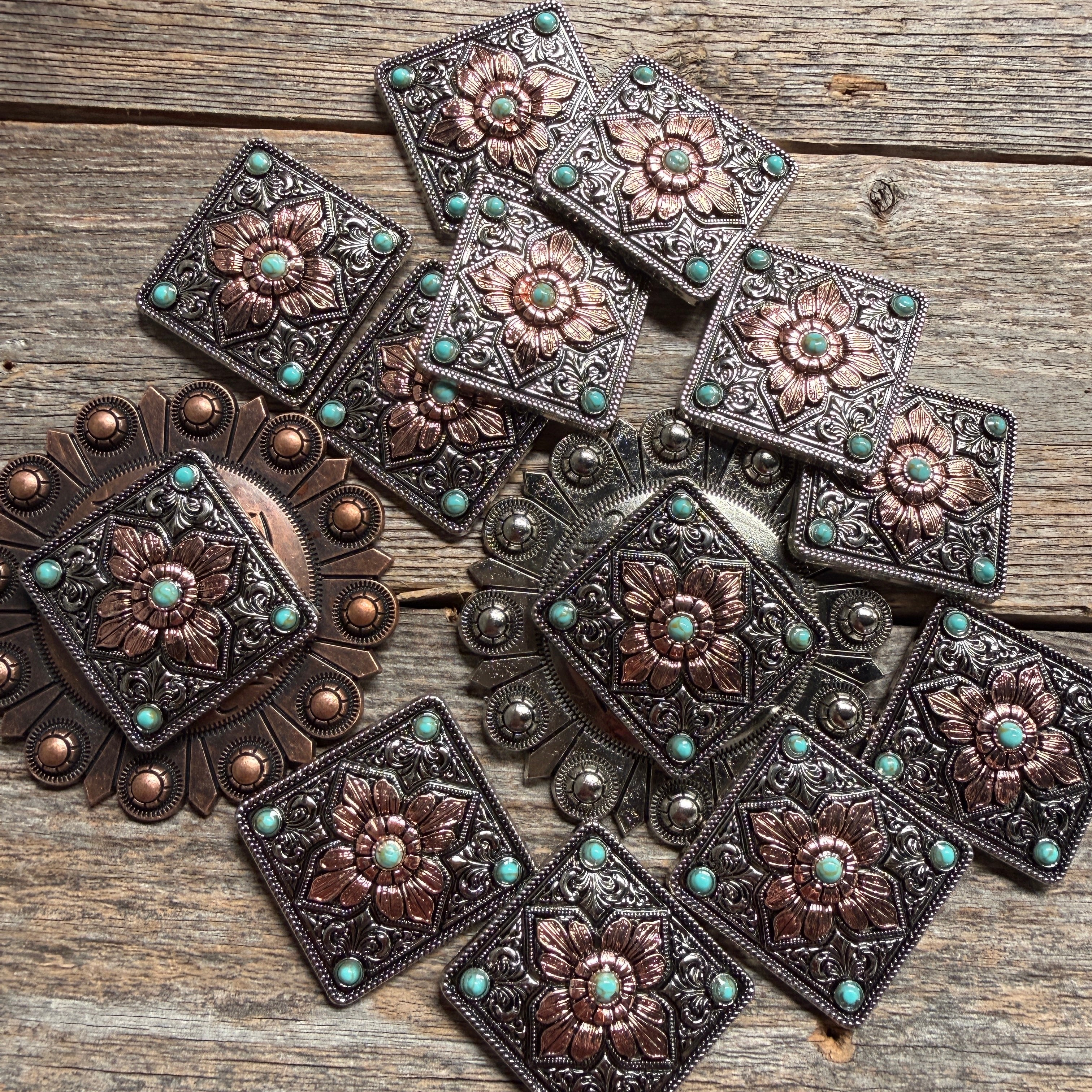 Antique Silver and Copper Square Floral Concho #W265