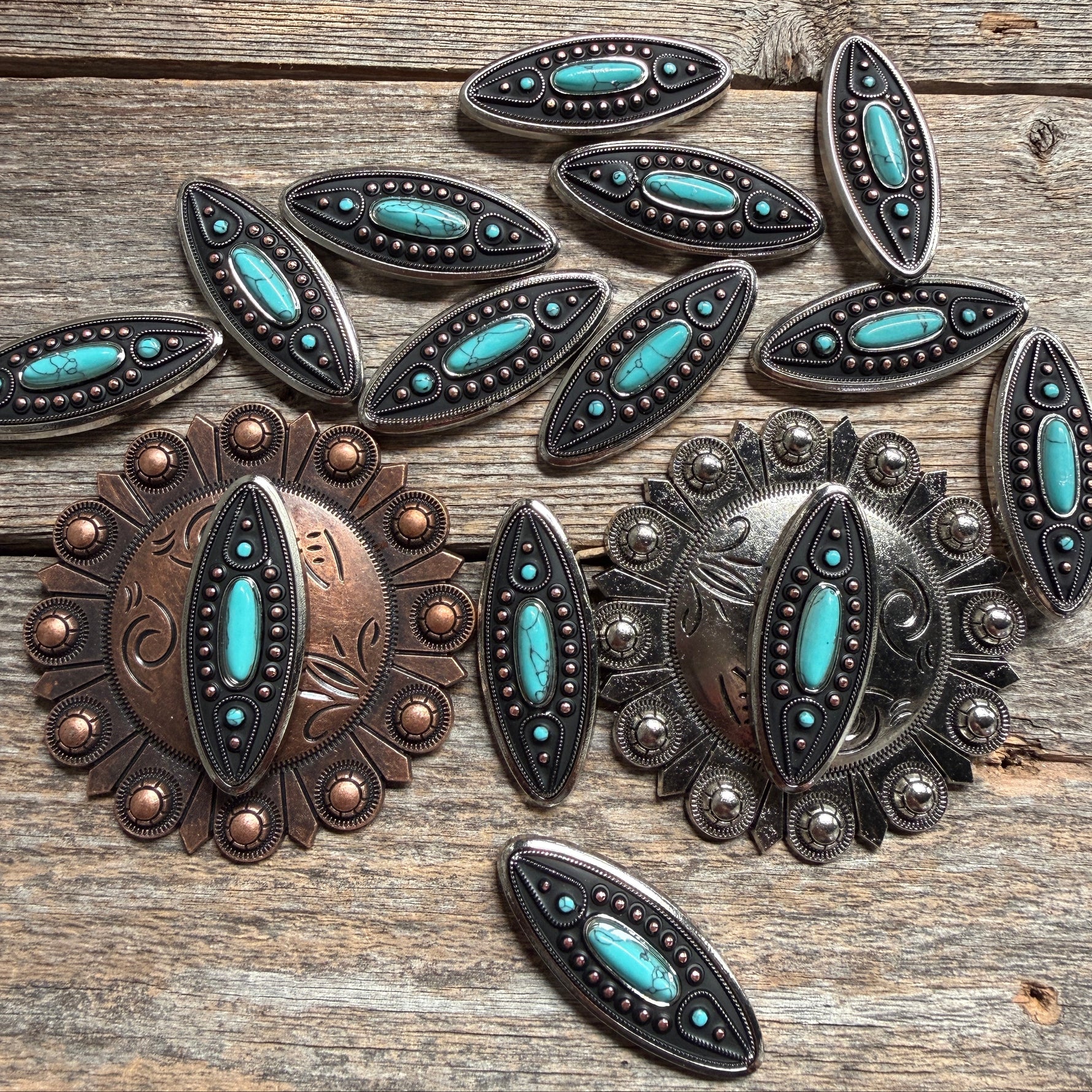 Copper and Antique Silver Turquoise Ellipse Concho #W266