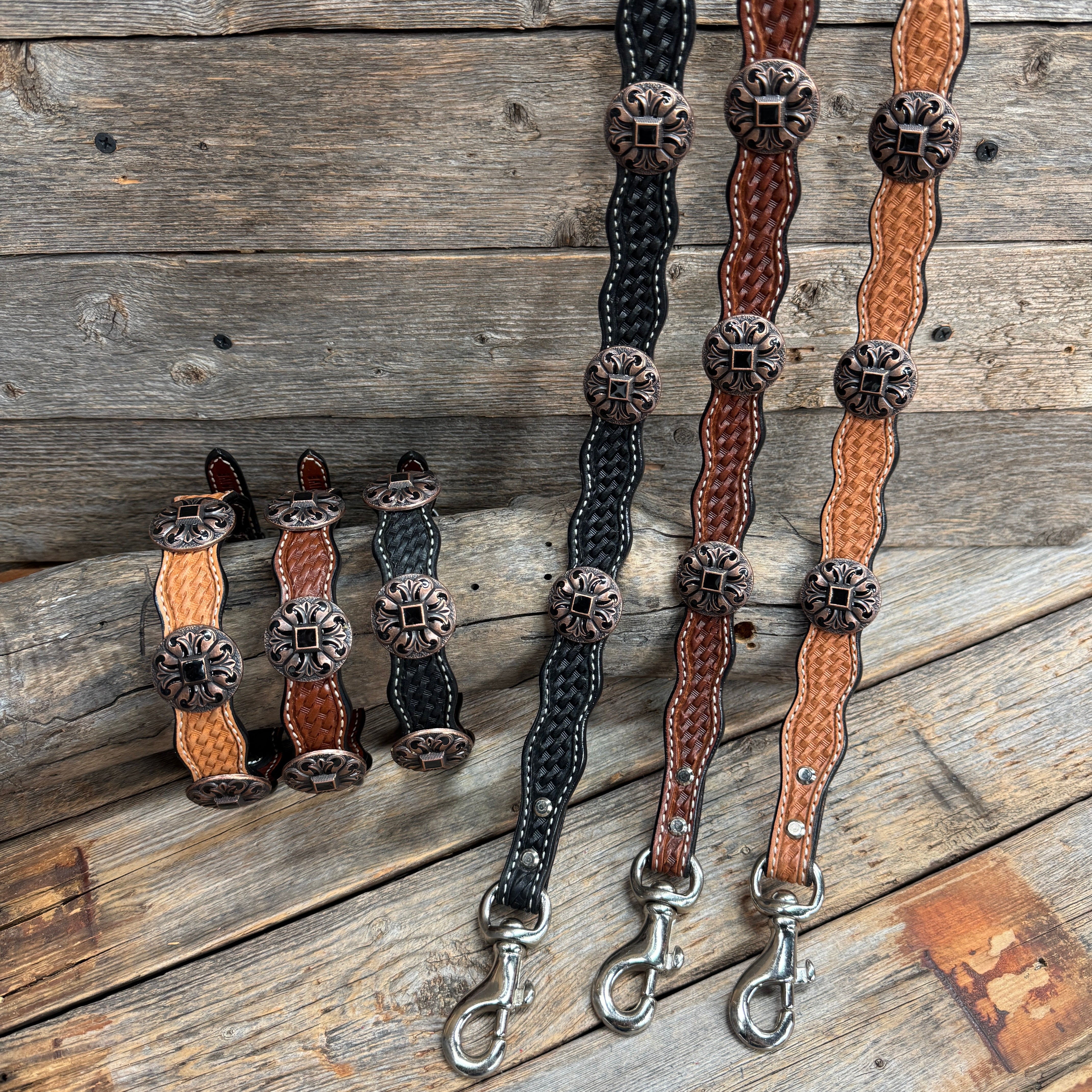 Genuine Leather Dog Collar or Leash With Black Fleur De Lis Conchos 10" to 22" W241 -DC73