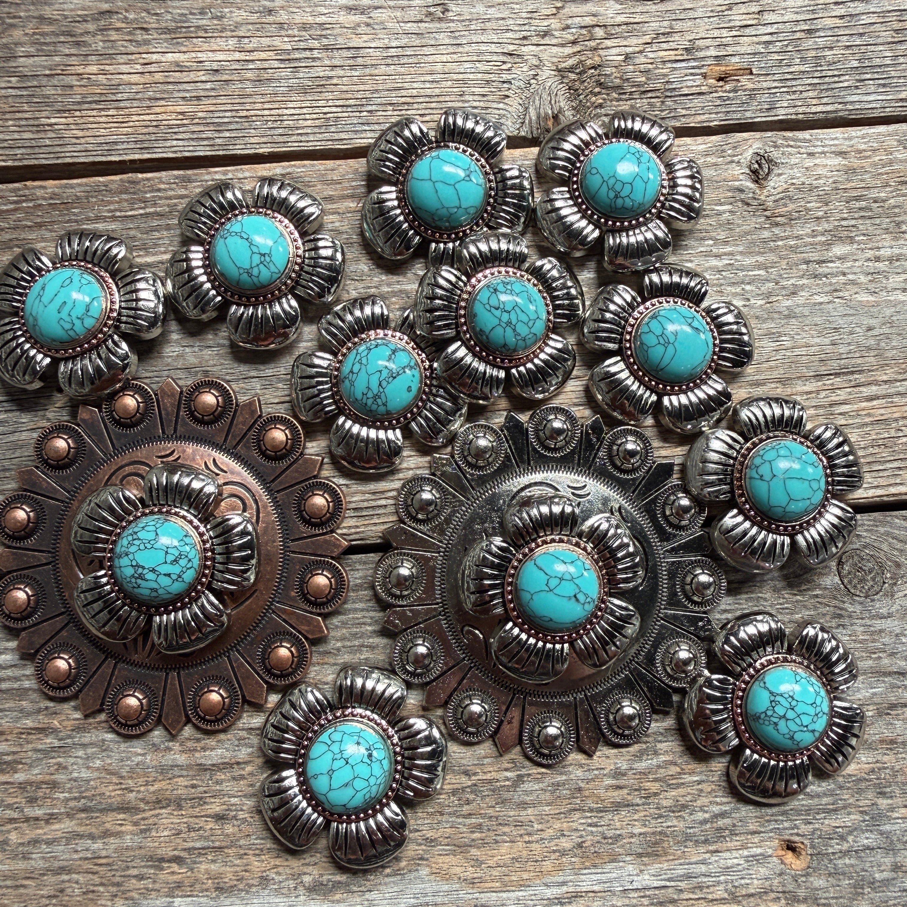 Antique Silver and Copper Turquoise Flower Concho W267