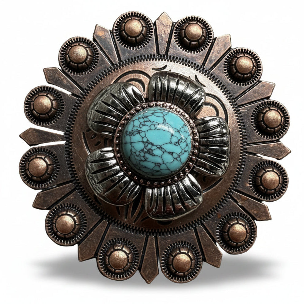 Antique Silver and Copper Turquoise Flower Concho #W267