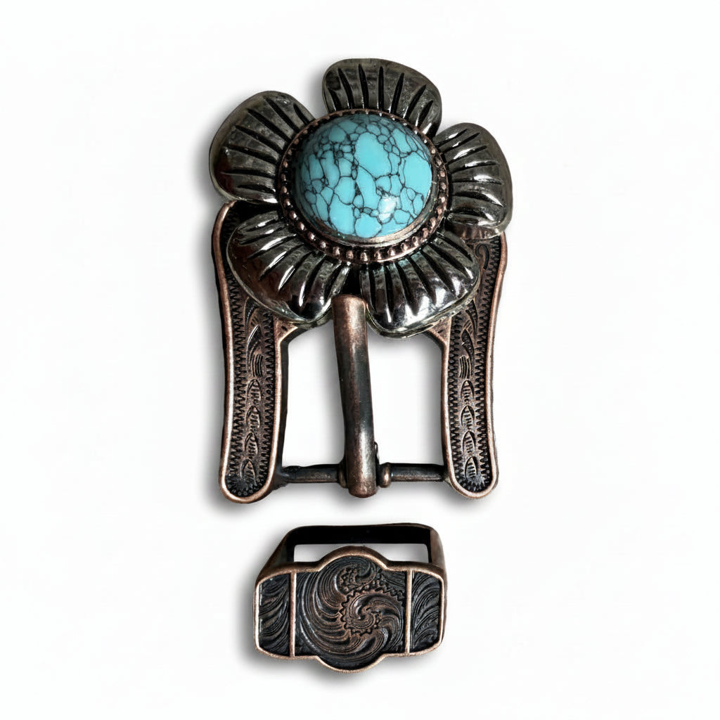 Antique Silver and Copper Turquoise Flower Concho #W267
