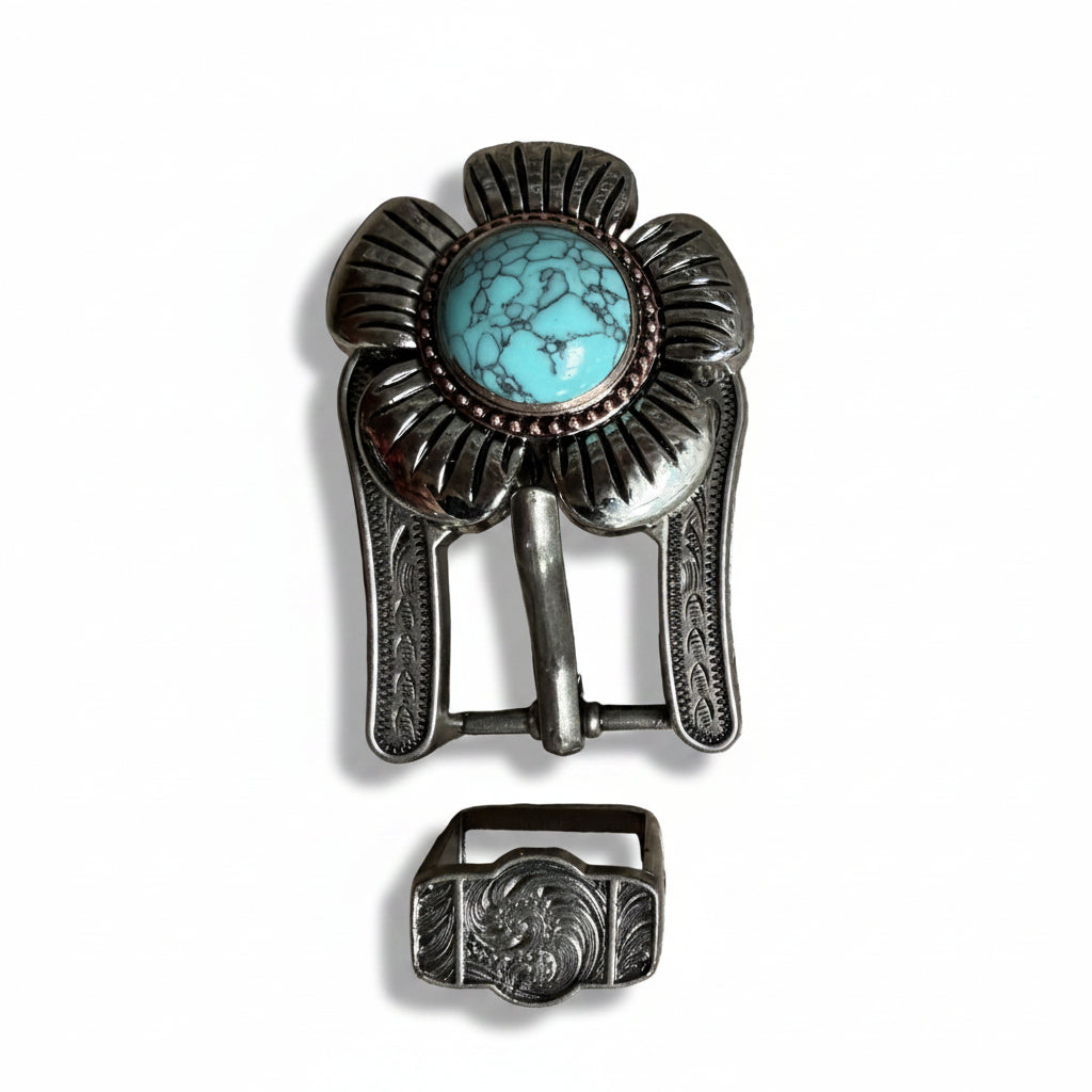 Antique Silver and Copper Turquoise Flower Concho #W267