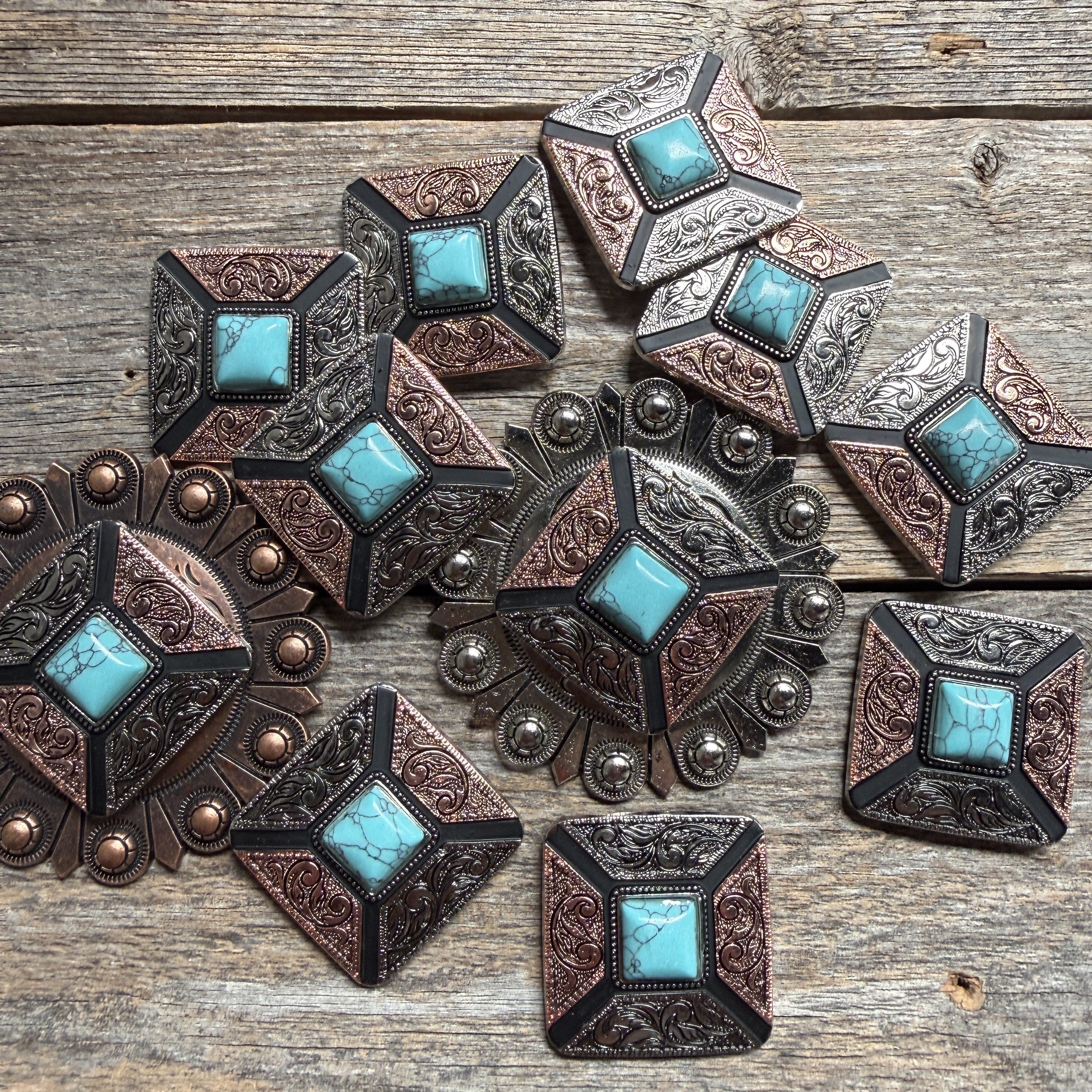Square Antique Silver and Copper Turquoise Concho #W269