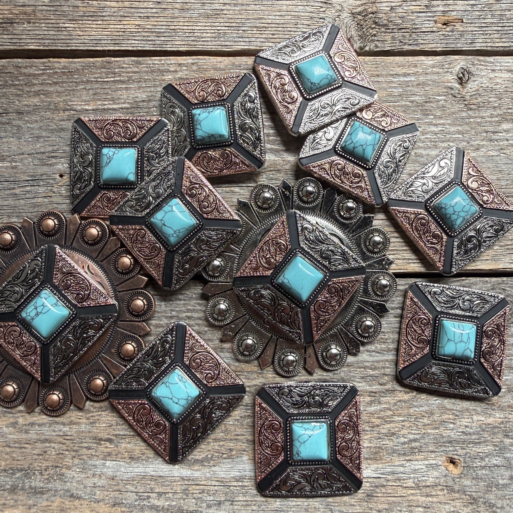 Square Antique Silver and Copper Turquoise Concho #W269