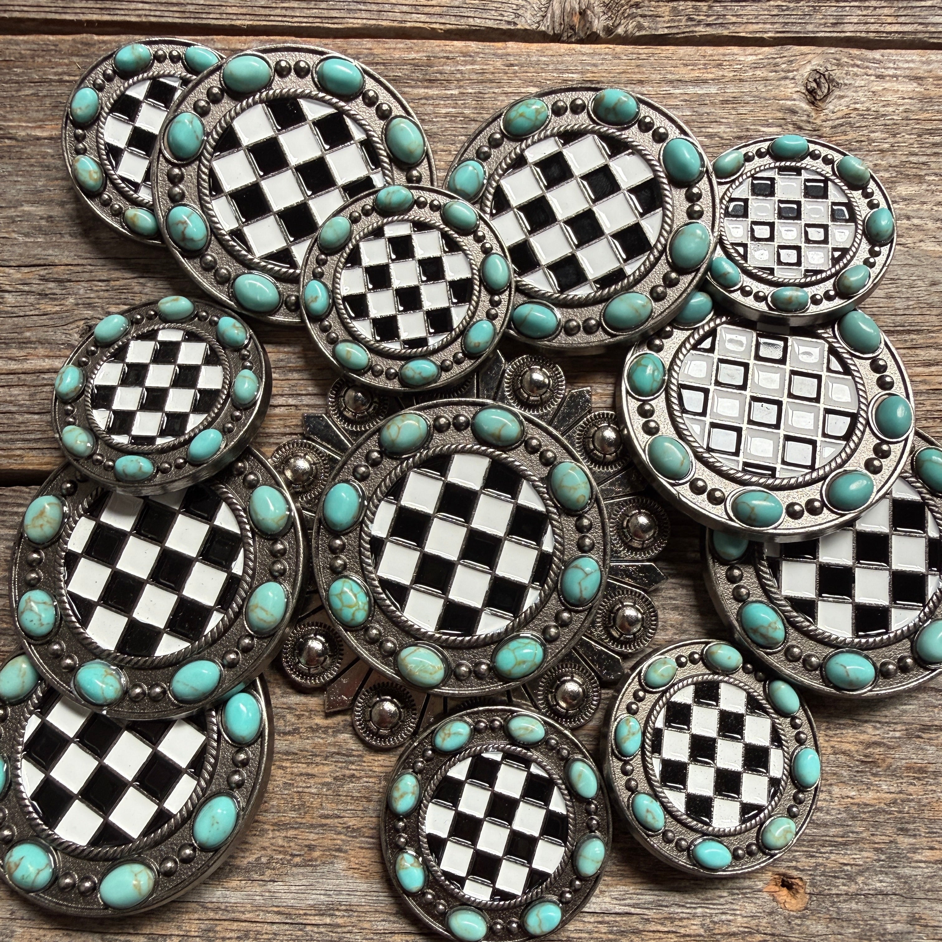 Black and White Checkered Turquoise Concho #W273